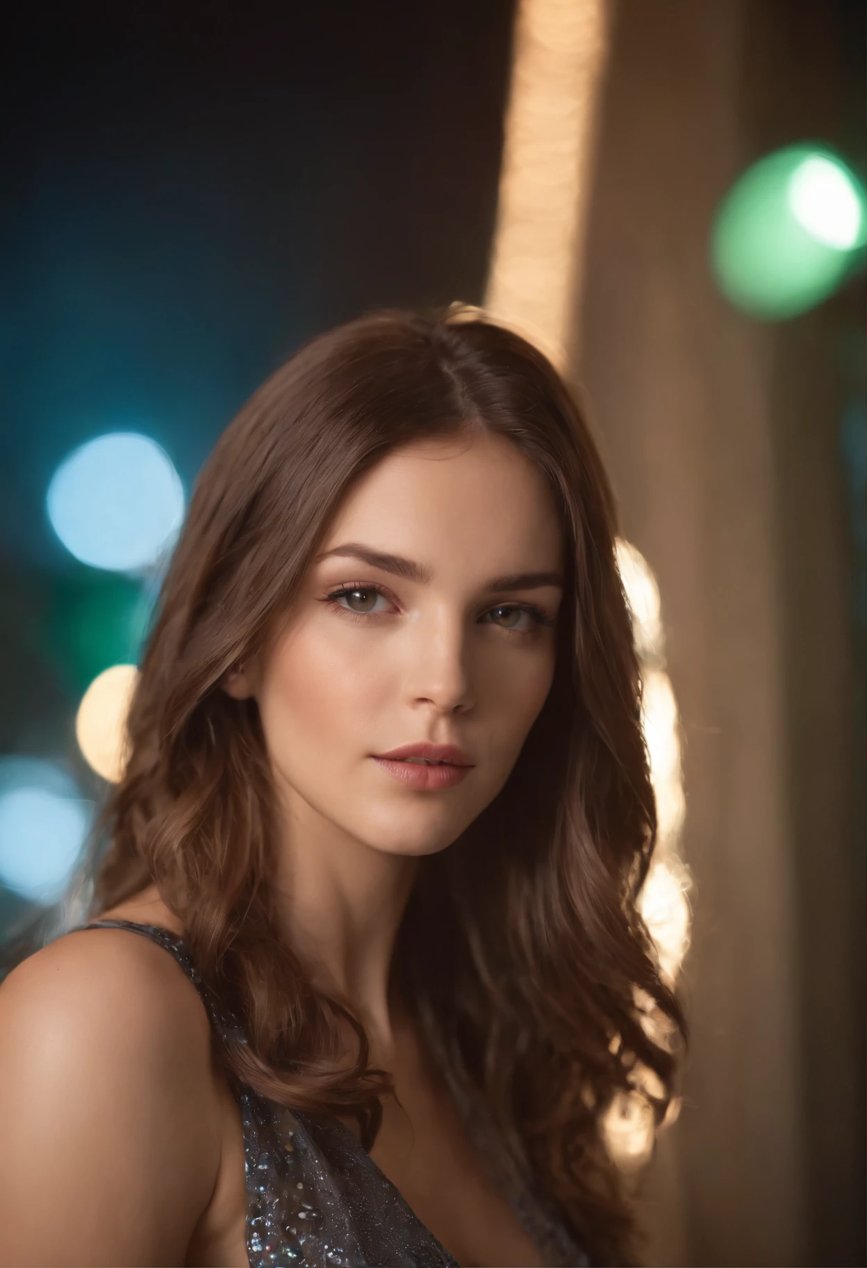 mulher em torno de 20 anos, cabelos longos e ruivos naturais, olhos azuis distintos, slender and graceful, Beautiful, in a futuristic neon environment, Ultra sharp focus, Filmagem realista, roupas femininas modernas, cores neon