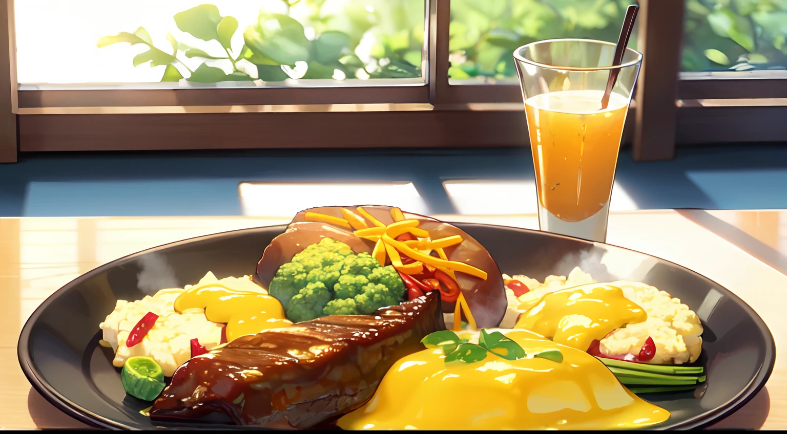 masterpiece, food, warm cook, food on the plate, windows, table, close up food, vegetables food, several food, highres