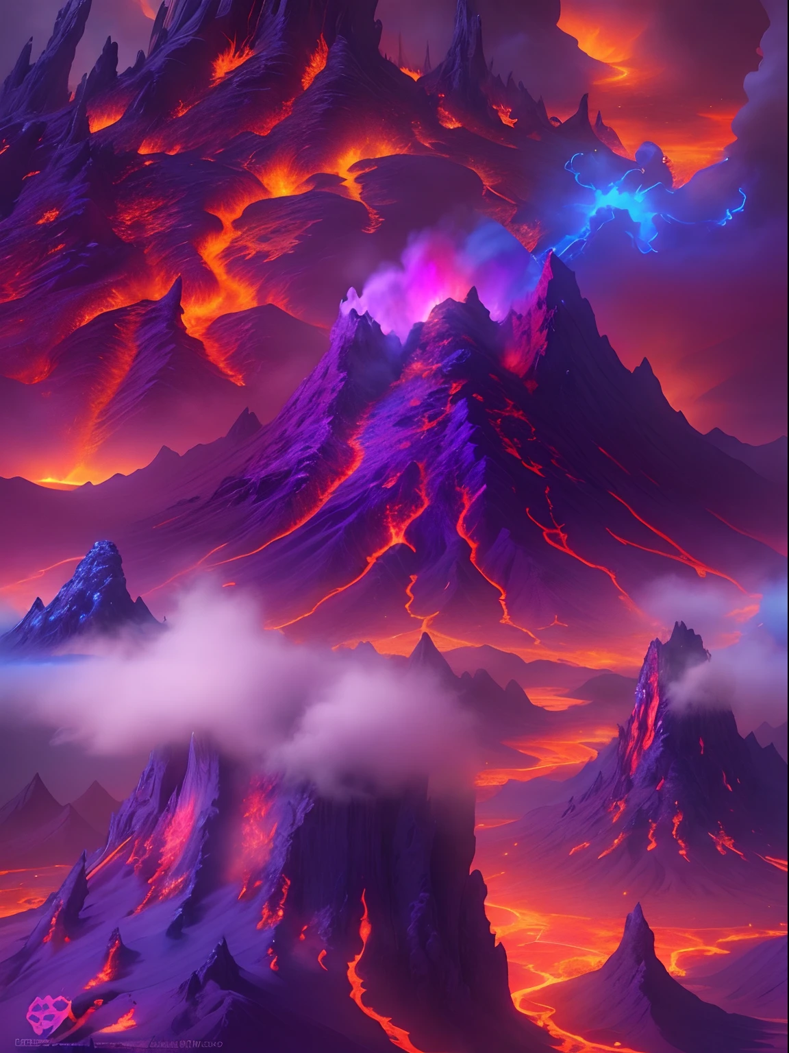 Doomsday landscape,a volcano erupts,Flame sputtering,blasts,molten lava,A demon's face emerged from the smoke,Liquid lava,Colorful phoenix,Paired with purple and blue, fantasy highly detailed, With gorgeous magic lightning rings, magia, beautiful detailed fantasy, hyper-high detail, , magic fantasy highly detailed, stuning fantasy 3 d render, Inspired by L. Highly detailed aesthetics, hyper-high detail