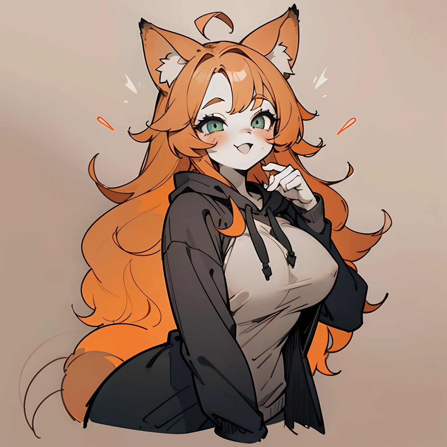 (muted colors, extremely pleasing to the eye color palette, aesthetic artistic pale pastel colors, semi-monochromatic:1.2) cute girl wearing baggy black hoodie, orange hair, big furry fox ears, fox girl, furry art, furry commission oc, aesthetic, happy, in love, blushing, ahegao, plain background, orange!!, thick lineart, simplistic art style, drawing commission, beautiful minimal details, medium boobs, middle part hair, long wavy hair