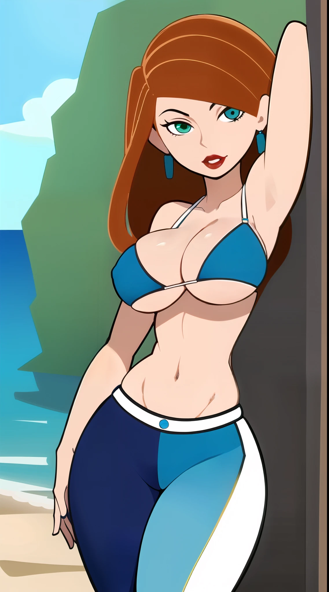 (((white and blue bikini))),kimberly ann possible, 1girl, abs, brown hair, huge breasts, neon green eyes, red lips, long hair, midriff, navel, pants, pose, solo, thighs, toned beach huge breasts earrings tattoo nipple