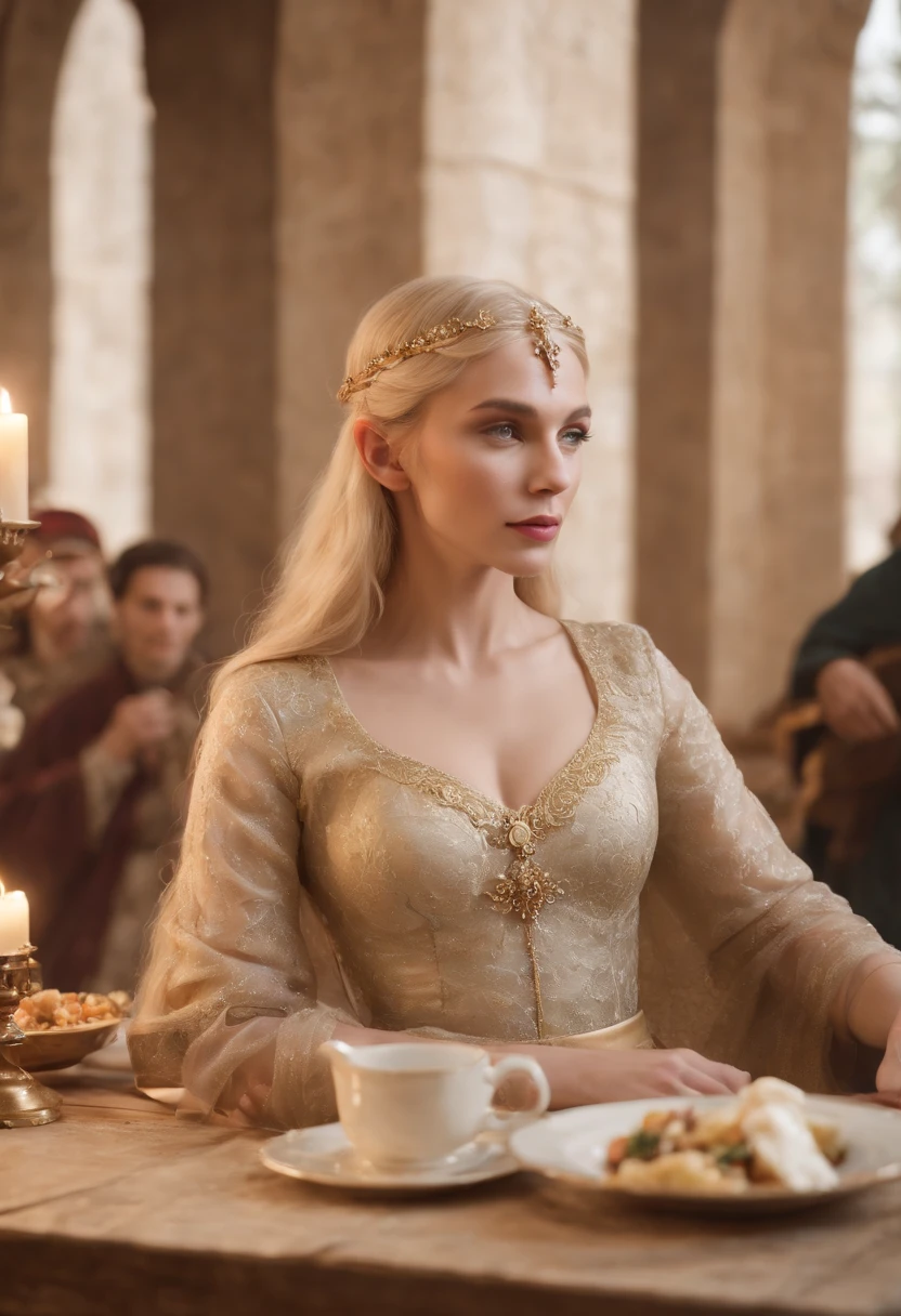 (Best quality, 8k, Masterpiece: 1.3) A woman in a dress sitting at a table with a plate of food, Empire, Age of Empires, empress, Age of Empires 2, Age of Empires II, Age of Empires 3, a beautiful fantasy empress, ((a beautiful fantasy empress)), An Epic Fantasy, Empire romain, The Empress, 4 K Cinematic epic, Medieval clothing, Blonde elven Empress