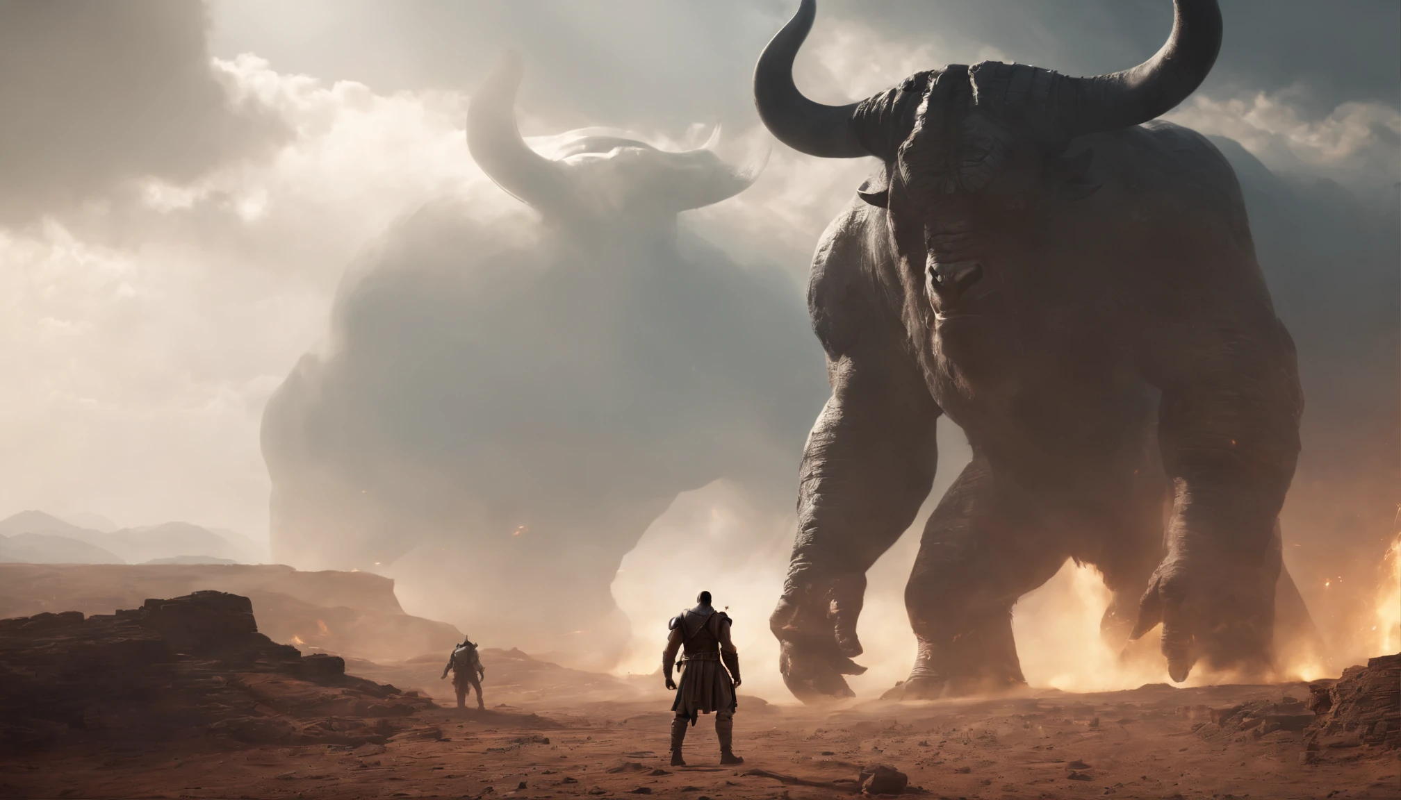 two warriors silhouettes standing in front of a massive Minotaur aggressively standing 100feet tall, located in a battlefield , concept art wallpaper 4k, sci-fi fantasy wallpaper, sci fi artwork, detailed sci-fi art, beautiful sci fi art, spaceships in the cloudy sky, concept art artwork masterpiece, concept art 4k, concept art 4 k, sci fi concept art, mystical sci-fi concept art