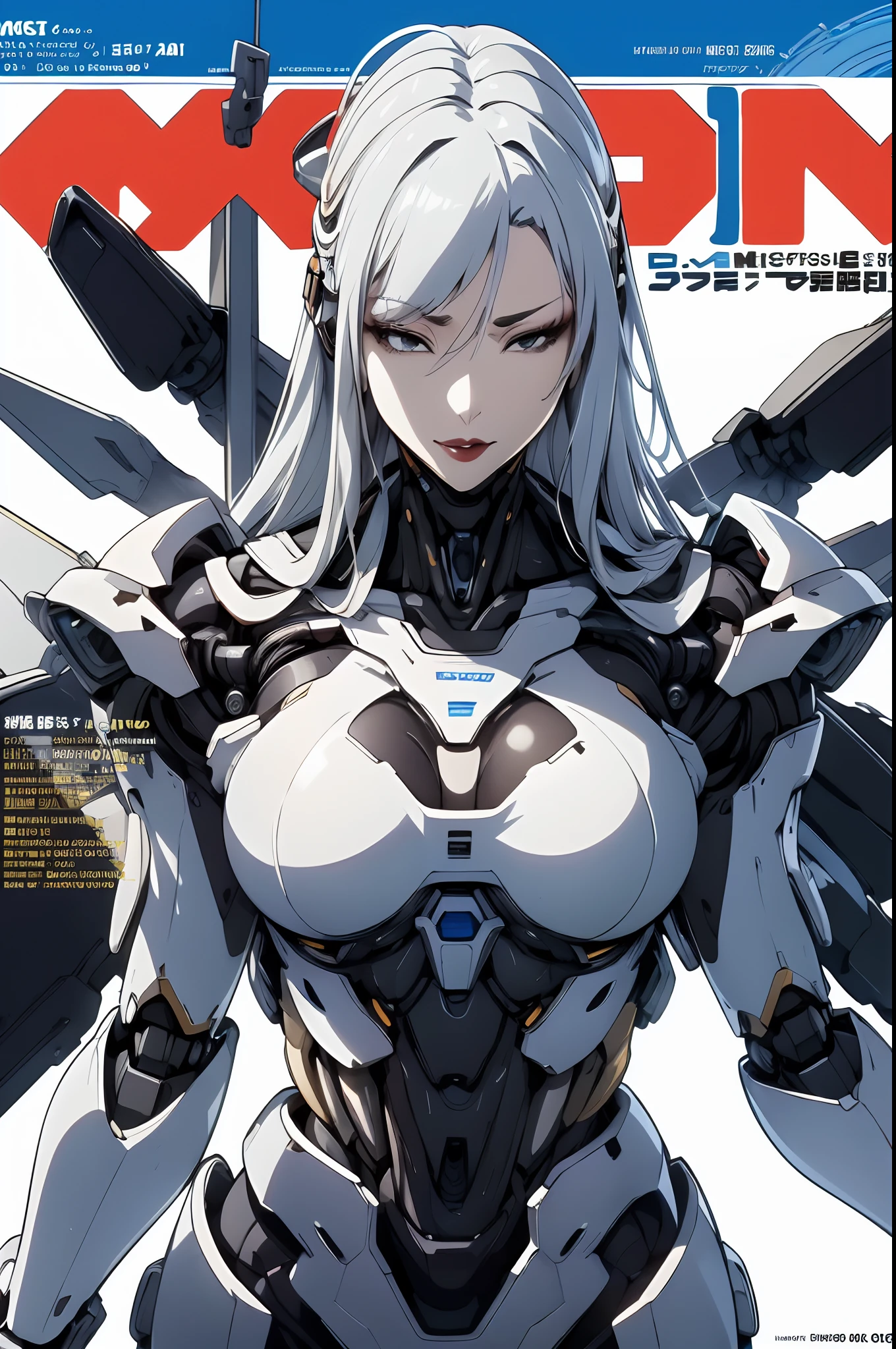 (magazine cover:1.3),ulzzang-6500, (realistic: 1.3) (original: 1.2), masterpiece, best quality, beautiful clean face, fullbody,  ((robot girl, mecha)), broken armor, mechanical halo, mechanical arms, white hair, long hair, ceramic body, thigh gap, small breast, cyber background, extreme detailed city, (translucent body, reflection skin), 8k, best quality, ultra detailed, (hyperrealistic:1.4),