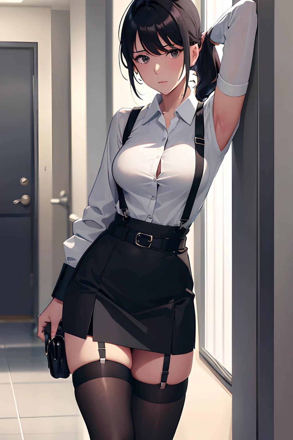 Suit,Collared shirt,Belt bag,Suspenders black mini skirt garterbelts knee high Stockings Black Niso Colorcon armpit sweat perspiring Side of both hands,Black jacket,Gaze,ample bosom,Armpit sweat,Exposing the armpits"Pichi Pichi clothes