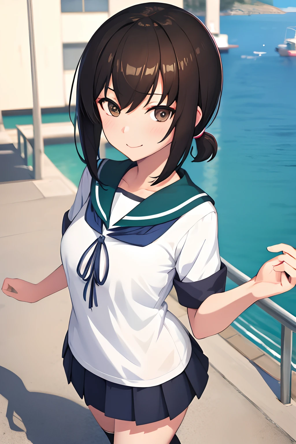 (masutepiece, Best Quality:1.4), (Ultra-detailed:1.2), {Illustration,painting-like}, {studio lights, painting-like}, [Best Shadow],
(Konishi CSA)_(Shizuma CSA), (Alpha CDE:1.3)_(Gamma CDE:1.15),
BREAK
(Perfect Anatomy), (symmetrical eye, Ultra-detailed eyes, Beautiful eyes), (Sharp eyeliner, Ultra-detailed face, Beautiful face), (Brown eyes),
break
Nice hands, Perfect hands, hand of Guido Daniele,
BREAK 
1girl, Solo,
break
Fubuki KC, (Fubuki) uniform, (white) serafuku, (Turquoise Blue) Sailor collar, (Blue) Pleated skirt, (Black) sox, shoes,
BREAK
looking at viewer, Cowboy Shot, face to the viewer, Smile, (Mare,harbour,On the sea), Standing,
BREAK