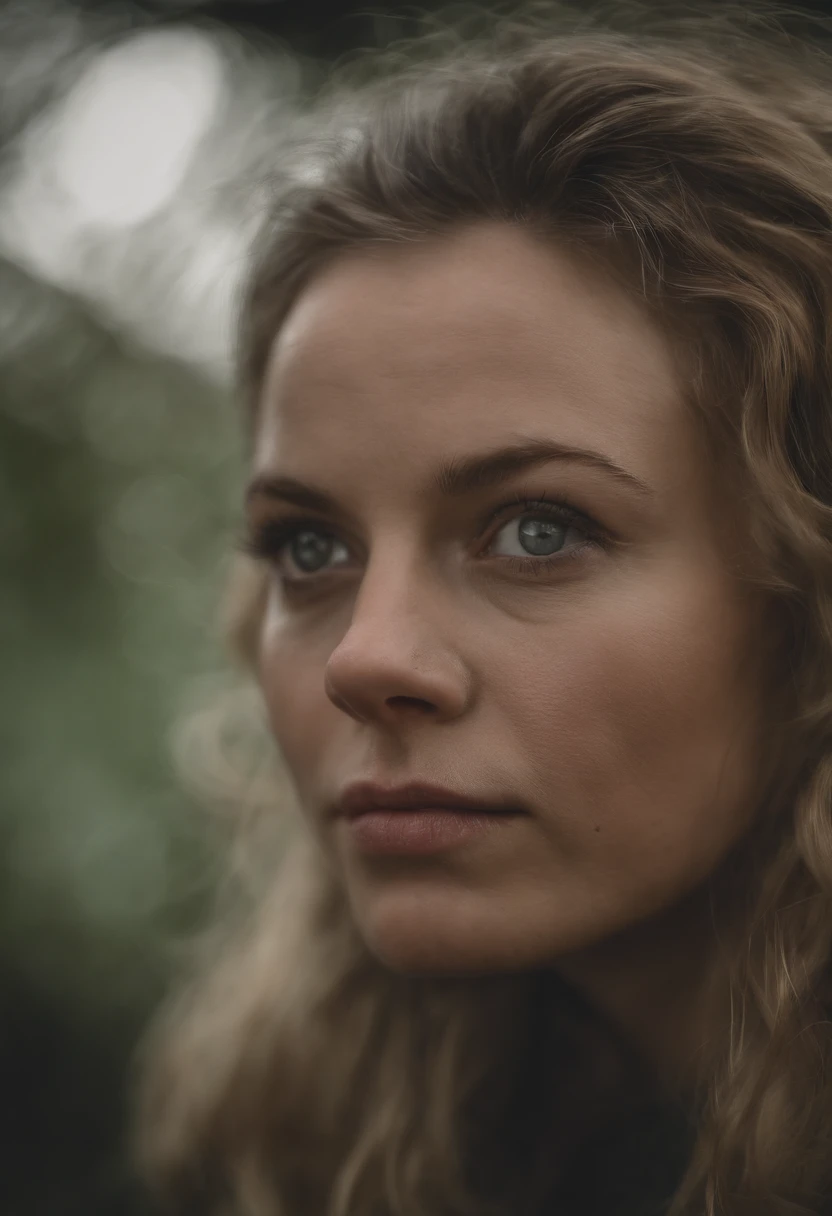 cinematic still, style of Alessio Albi, A 40 years old woman. 35mm photograph. emotional, harmonious, vignette, highly detailed, high budget, bokeh, cinemascope, moody, epic, gorgeous, film grain, grainy, nude large breast, upper body focus, high detailed eyes, forest, blonde, ponytail