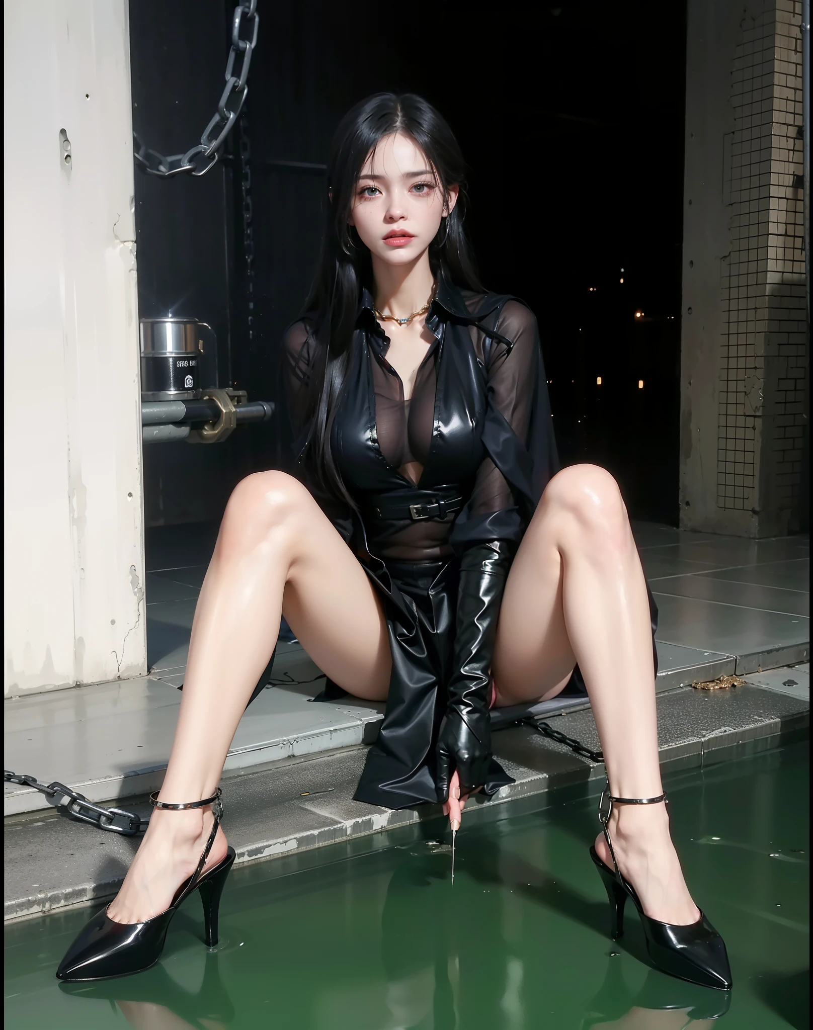 ,((Wearing a torn sheer costume of a superheroine)),(, No bra)), Wet crotch, Wet thighs, Beautiful girl with accentuated slender abs: 1.4, (((nipple tips protruding, areola is protruding, The shape of the pubic region is clearly visible)), sixpack abs: 1.4, Bust Botox, Photo, Sharpness, Unique 850 4, Koda850 k portrait camera, F1.6 shots, Ultra-realistic textures, Spectacular light textures, Cinestil 800 Fashion Mechanics, (futuristic sci-fi battle fashion: 1.1), (tied perfectly by chain), Restraint, Slaves, collars, ((wide prison with sunlight)), Dark fantasy, Realistic material details, extreme hight detail, Ultra-realistic materials ((Torn costume))), Wet, Cloudy, (Chained)), ((big emphasized by chains)), ((chains digging into crotch)), ( (Collar)), (, No bra), shredded costumes, broken golden shields and battle spears,, White combat gloves, Combat shoulder armor, Blood splattered on the face, Blood splattered, Realistic, (Bruises, Dirty, ripped clothing, skimpy clothing, Blood: 1.3), Torn Cape, Torn pantyhose, Long legs, ((iron pipe in the crotch)), Metallic shackles and fetters, ((chains hung from heaven)), Wet crotch is clearly visible, Swarovski's sword and the anatomy beneath his feet, (futuristic sci-fi battle fashion, Torn mesh stockings),Leg symmetry,sitted