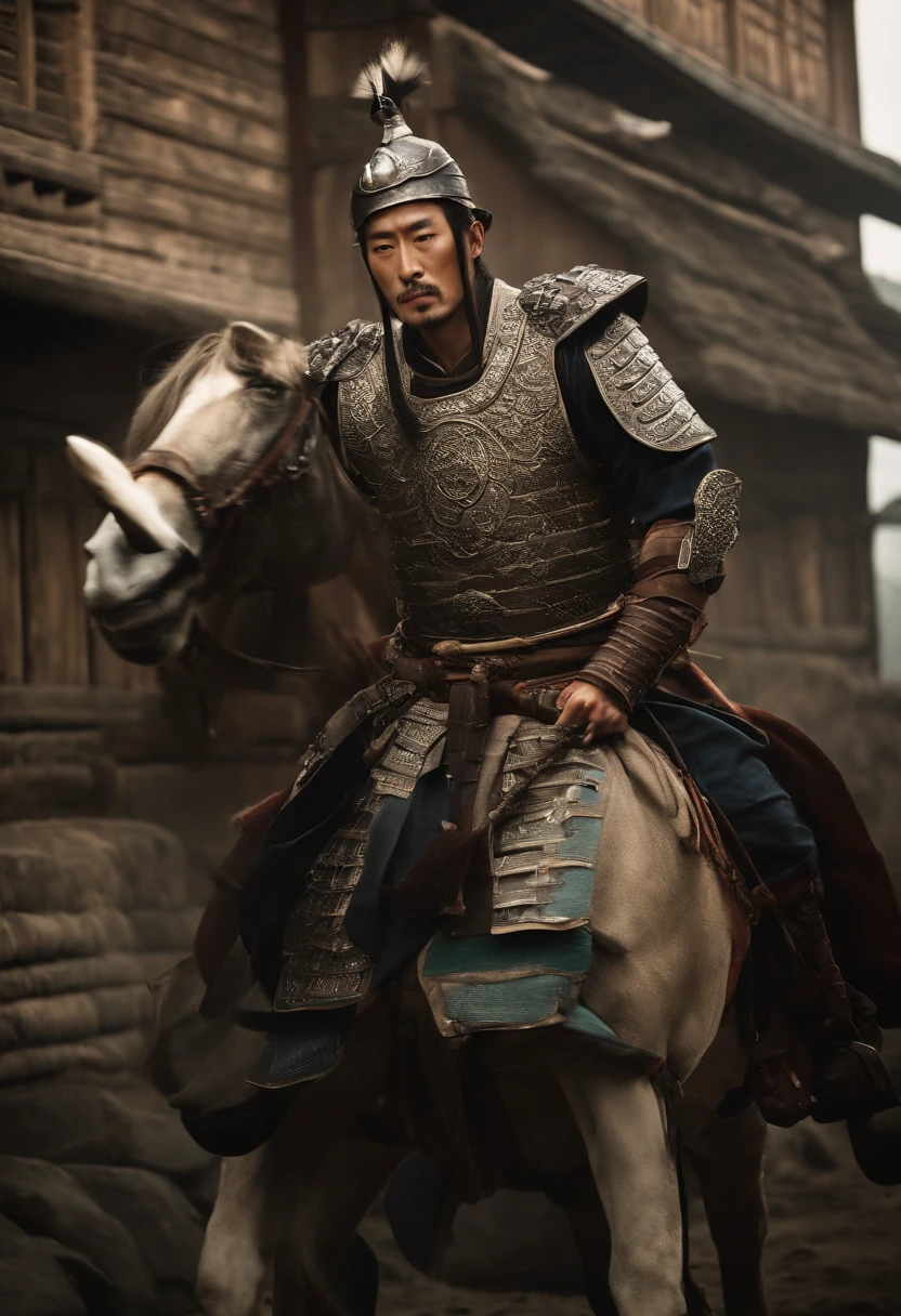 Korean 、Warring states period、Yashiro Ohga、Stubble、Poor physiognomy。The armor you are wearing is dirty。Single Picture。Confident。