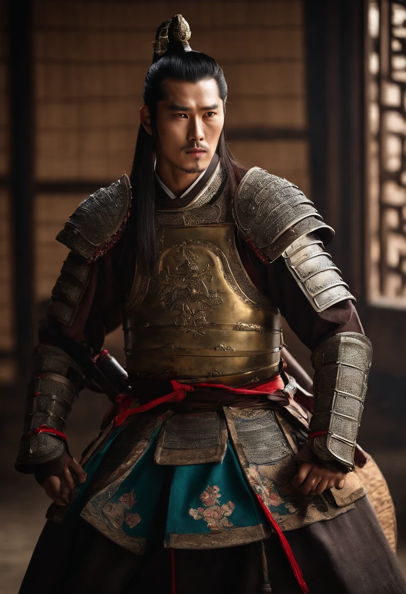 Korean 、Warring states period、Yashiro Ohga、Stubble、Poor physiognomy。The armor you are wearing is dirty。Single Picture。Confident。