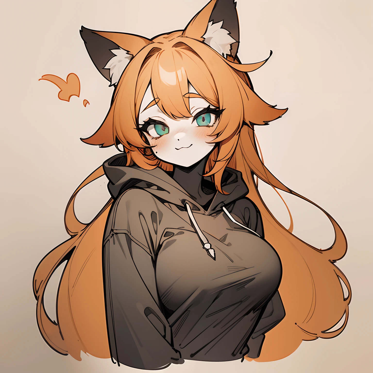 (muted colors, extremely pleasing to the eye color palette, aesthetic artistic pale pastel colors, semi-monochromatic:1.2) cute girl wearing baggy black hoodie, orange hair, big furry fox ears, fox girl, furry art, furry commission oc, aesthetic, happy, in love, blushing, ahegao, plain background, orange!!, thick lineart, simplistic art style, drawing commission, beautiful minimal details, medium boobs, long straight hair