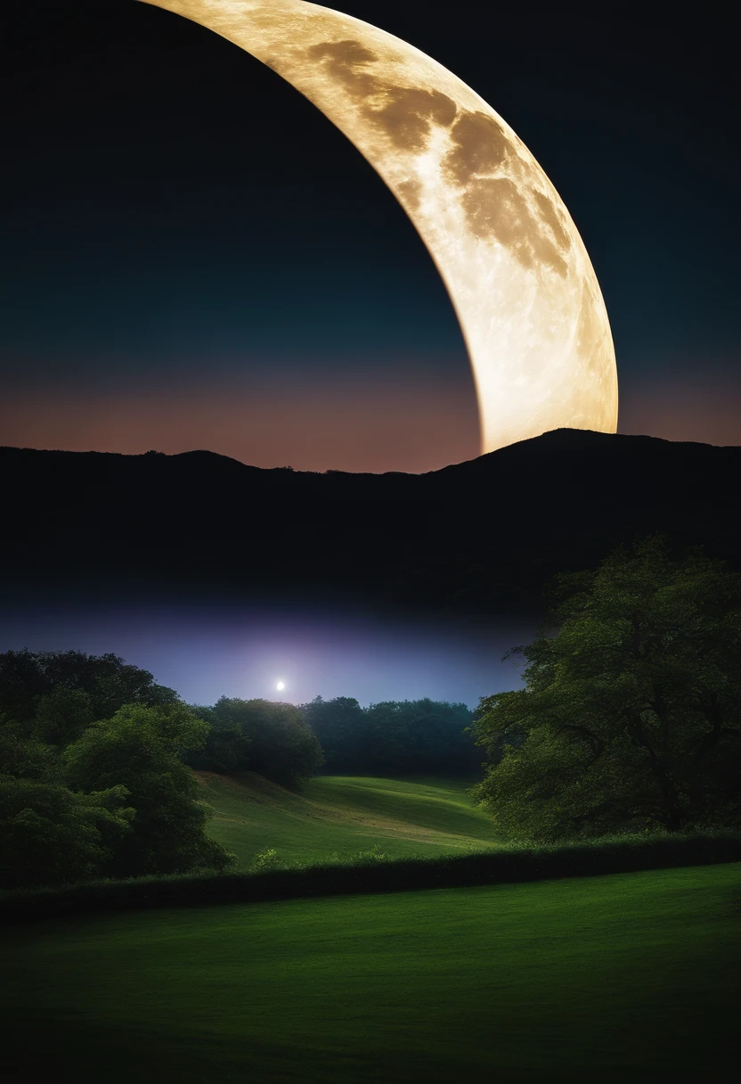 View of the crescent moon with a rainbow in the sky, Shining crescent, The glow of the refracted moon, Green grass々And a colorful eclipse, Iridescent sky, Crescent, Beautiful moonlight, Rainbow clouds, Moon in the sky, Crescent moon in the background, The moon gives off a dramatic light, Empty Moon, The moon shines golden light, Beautiful moonlight, rays of moonlight