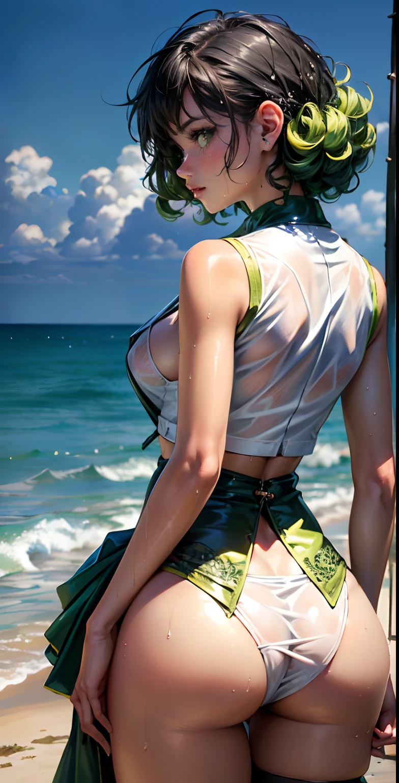 Girl Youku anchor,(((1girll))),((Very cute beautiful girl with green curly hair)),
Watching from behind,Back view,Persona diagram
(short breasts:1.4),big assa,(((Green curls:1.35,Very curly hair,Colored inner hair,Ear breathing,Short hair))),(((Green_Eyes:1.3))),intricately detailed eyes,Beautiful detailed eyes,Symmetrical eyes,Big eyes:1.3,((Fat)),(((Glossy glossy skin:1.5,Bright Skin: 1.5,dark tanned skin,Shiny skin,very shiny skin,shining body,plastic glitter skin,exaggerated shiny skin,brightskin,Wet legs))),Detailed body,(Detailed face),One Punch Man Tornado
Lovely,slutty,Seductive,Erotic,(((NSFW))),
zettai ryouiki,Clothing that exposes,show skin,((rave mini-skirt,visible thong straps,White loose vest,Decorated with anime art prints)),((Wet clothes,intricate outfits,intricate clothes)),
(Dynamic pose:1.0),Embarrassed,(Buttock display,Scale to fit the dimensions,Rule of thirds),Close-up of buttocks
Seaside cyberpunk night, There are bright neon lights and dark storm clouds and puddles, scenery:1.25,
artsy photography,(photography of:SLDR),A high resolution, Sharp focus, (Ultra detailed, Extremely detailed), (realistic artwork:1.37),(Extremely detailed Cg Unity 8K wallpaper),((Synthetic wave background theme)),(((Vibrant colors))),(intricate background),(Masterpiece),(Best quality),