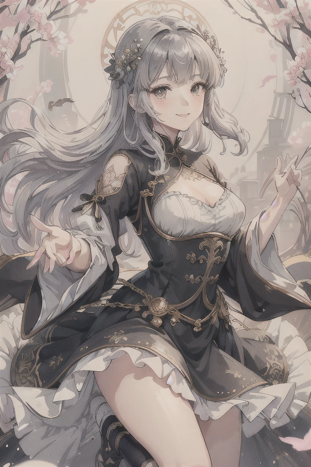 (Write)、(Viola、amarelo)、Spark、fantasy creature, Intricate details, Painting, watercolor paiting,Loose fluffy、long curled silver hair、Black Dress、Dutch Angle,Good anatomy,Dynamic Pose, actionpose, open pose, Dynamic Angle,(Evere_Smile:1.2), Detailed layered skirt、Art Nouveau fashion embroidery、intricate detailes、Mesh Wire、Glasswork、girl, Cute、Transparent blood vessels、extremely delicate face,soft clean focus, Analog 150mm lens、Beautiful Natural Soft Rim Light、 (an extremely delicate and beautiful art)1.3, Elegant, (Pastel colors)1.2,