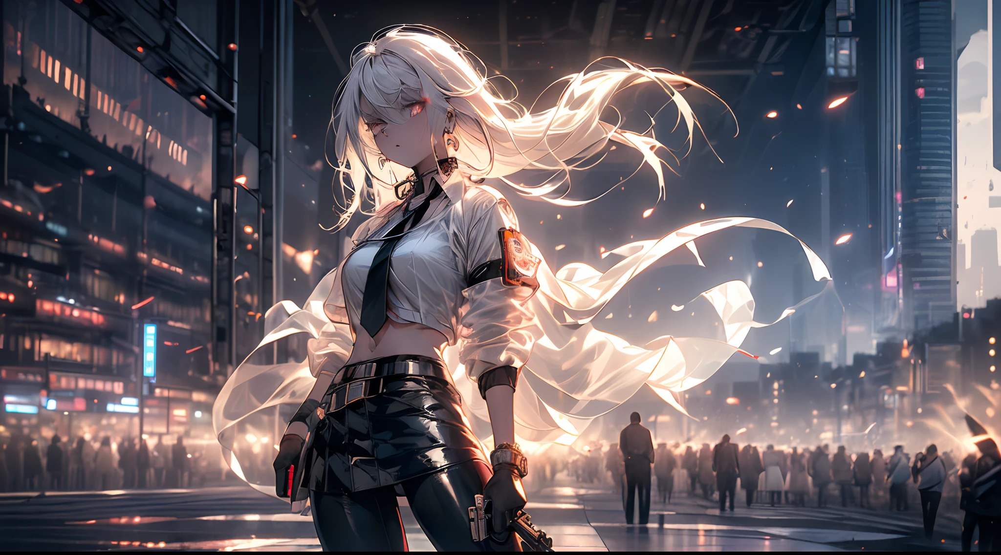 1girl, medium plan, (white colored hair, Medium Hair, Average Breasts, red eyes), perfect anatomy, City, Cyberpunk style, ((white  shirt, black jacket, black skirt, bellybutton, belt, black gloves, neck tie, Wristwatch, earings, See through black leggings)), ((Holding a gun)), war, ruined city, battlefield, cobblestone, buildings,cigarette