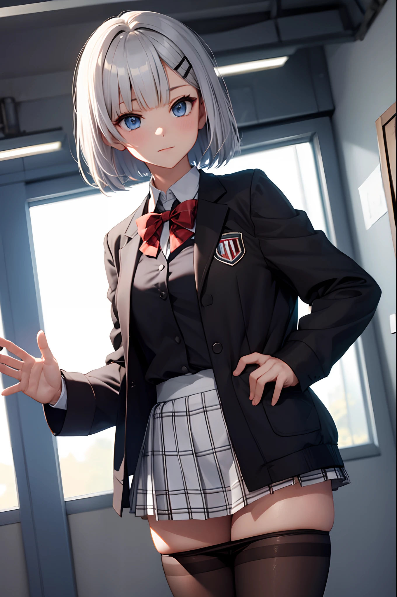 (absurdres, highres, ultra detailed, high resolution: 1.1)
BREAK
1 girl, solo, medium breasts,
BREAK
silver hair, short hair, blunt bangs, blue eyes, hairclip,
BREAK
school uniform (black jacket, open jacket, red bowtie, white shirt, black skirt, plaid skirt, black pantyhose),
BREAK
standing, pantyhose pull, indoors,
BREAK
nice hands, perfect hands,