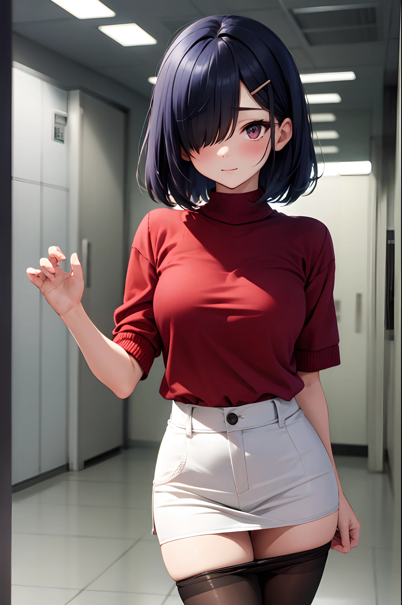 (absurdres, highres, ultra detailed, high resolution: 1.1)
BREAK
1 girl, solo, medium breasts, shy, blush,
BREAK
blue.hair, short hair, bob hair, hair over one eye, pink eyes, hairclip,
BREAK
red sweater, white miniskirt, black pantyhose,
BREAK
standing, pantyhose pull, indoors,
BREAK
nice hands, perfect hands,