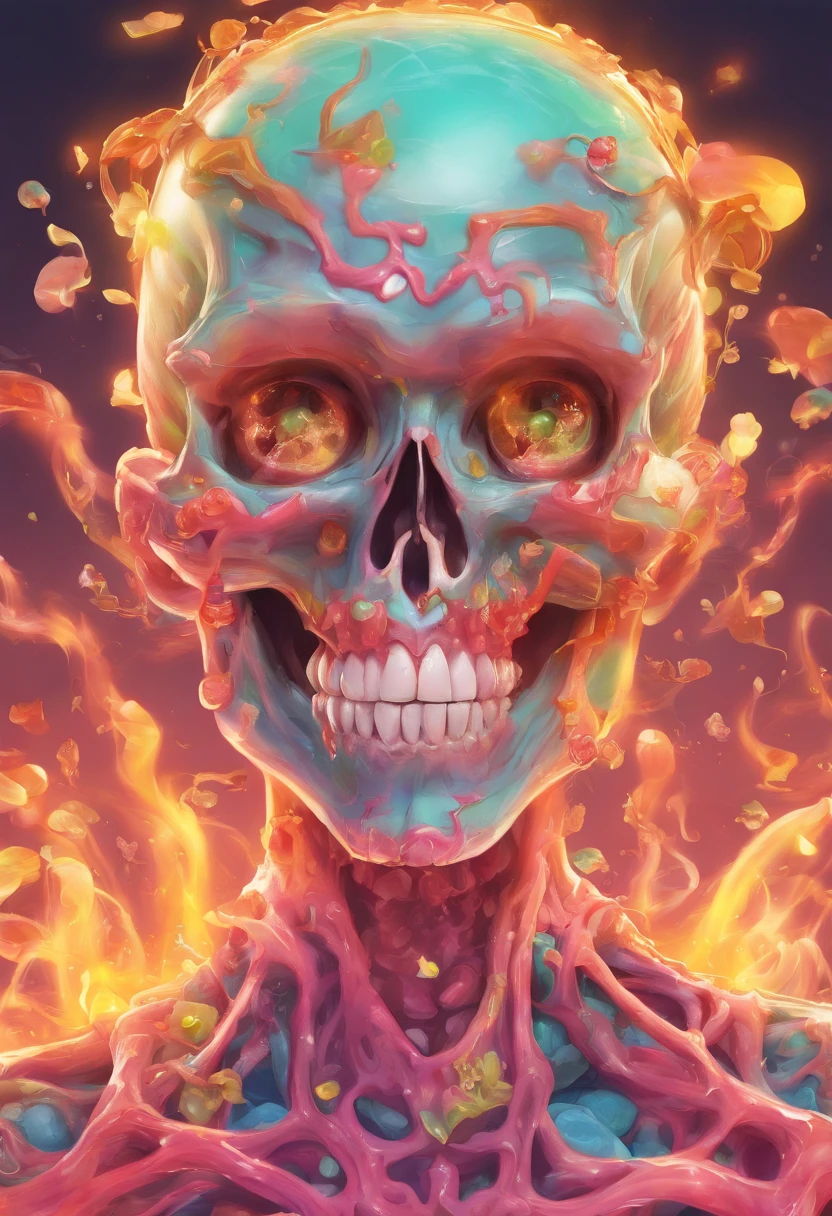 Photographic still of an skull ghost , translucent skin, teeth dripping,, veins showing beneath it's skin, dark, onimous with fire