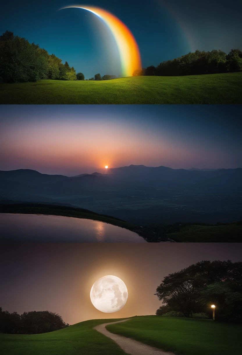 View of the crescent moon with a rainbow in the sky, Shining crescent, The glow of the refracted moon, Green grass々And a colorful eclipse, Iridescent sky, Crescent, Beautiful moonlight, Rainbow clouds, Moon in the sky, Crescent moon in the background, The moon gives off a dramatic light, Empty Moon, The moon shines golden light, Beautiful moonlight, rays of moonlight