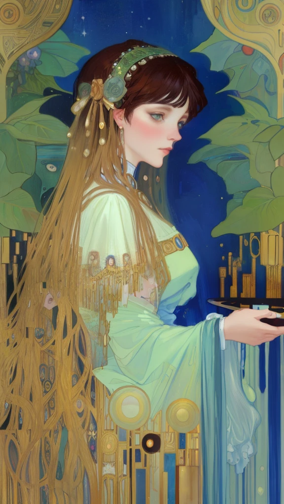 a painting, mucha klimt and tom bagshaw, romanticism art style, annie stegg gerard, darius zawadzki and tom bagshaw, inspired by James C. Christensen, tom bagshaw donato giancola, alphonse mucha magali villeneuve, edward hughes,