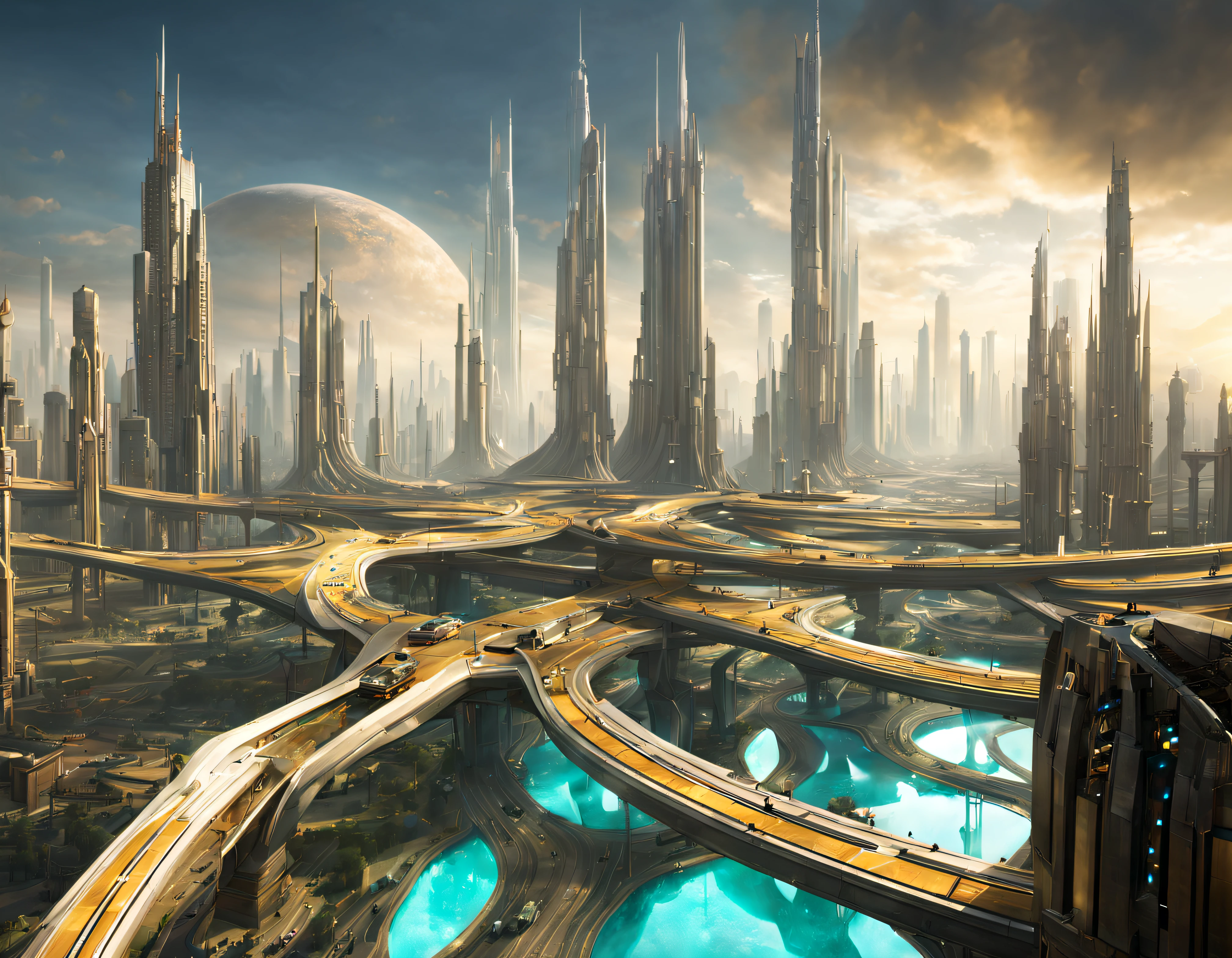 On an unknown planet lies a futuristic fantasy city with immense buildings of technological design (que forman una avenida infinita), con estructuras acristaladas en plata, oro y bronce espectaculares. y puentes entre edificios, con colores vivos. pavimento ensolado sin brillo. gente paseando. similar a un coruscant. imagen bien definida con muchos edificios juntos. imagen nitida bien definida 8k.