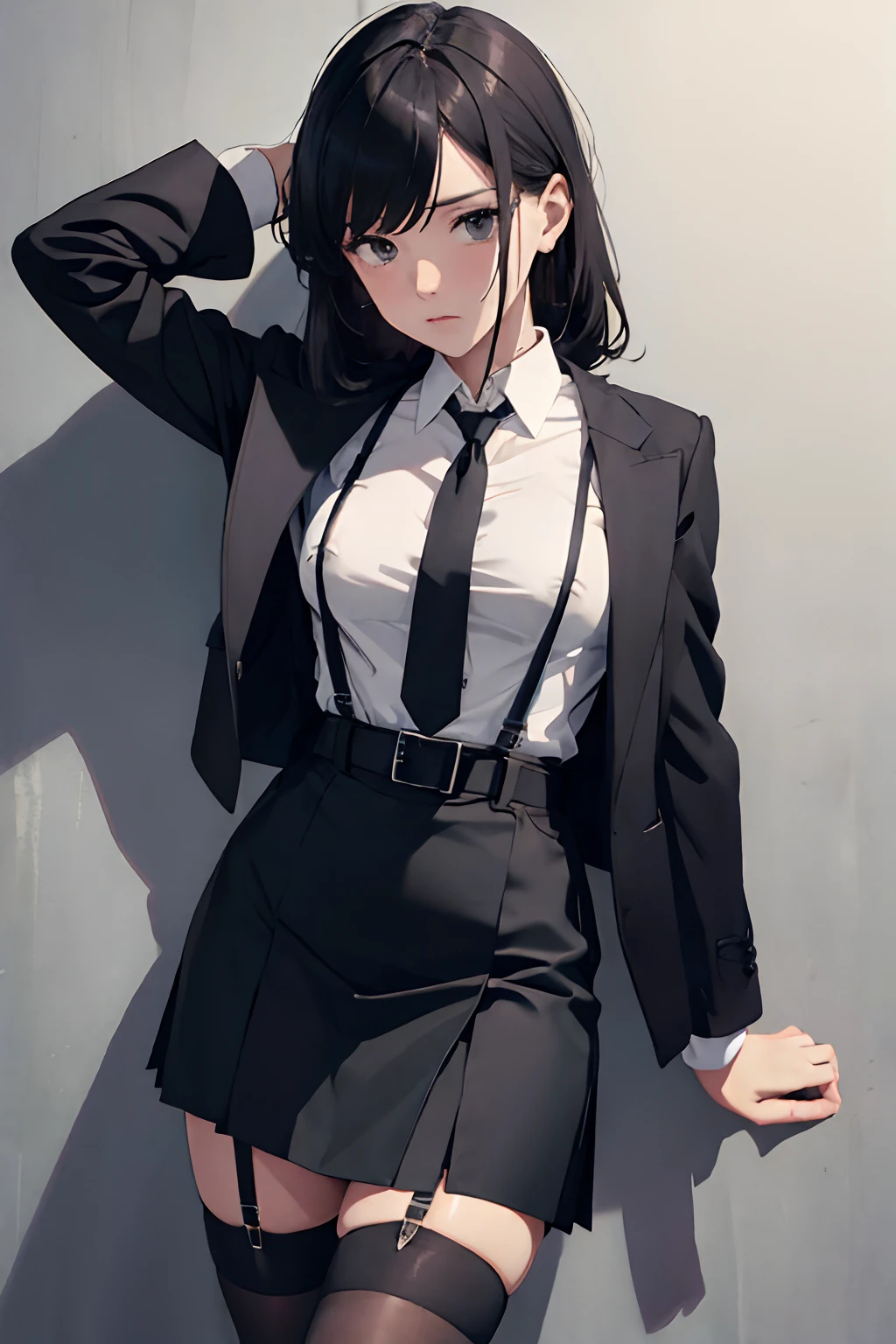 Suit,Collared shirt,Belt bag,Suspenders black mini skirt　garterbelts　knee high　Stockings　Black Niso　Colorcon armpit sweat　perspiring　Side of both hands,Black jacket,Gaze,ample bosom,Armpit sweat,Exposing the armpits"Pichi Pichi clothes