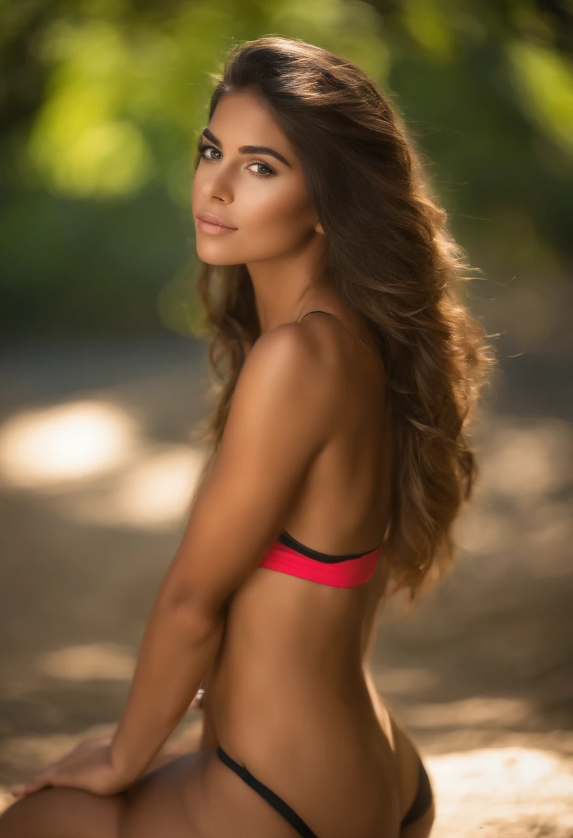 Mujer, 18yr old, latina, ojos verdes, muy hermosa, cuerpo fitness, pechos parados y redondos, aquiline nose, pelo largo ondulado, Light brown hair, microbikini