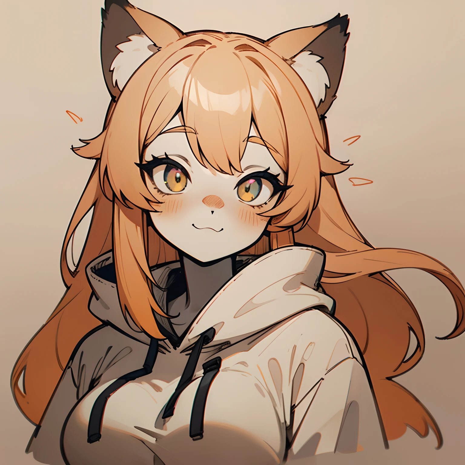 (muted colors, extremely pleasing to the eye color palette, aesthetic artistic pale pastel colors, semi-monochromatic:1.2) cute girl wearing baggy black hoodie, orange hair, big furry fox ears, fox girl, furry art, furry commission oc, aesthetic, happy, in love, blushing, ahegao, plain background, orange!!, thick lineart, simplistic art style, drawing commission, beautiful minimal details, medium boobs, long straight hair