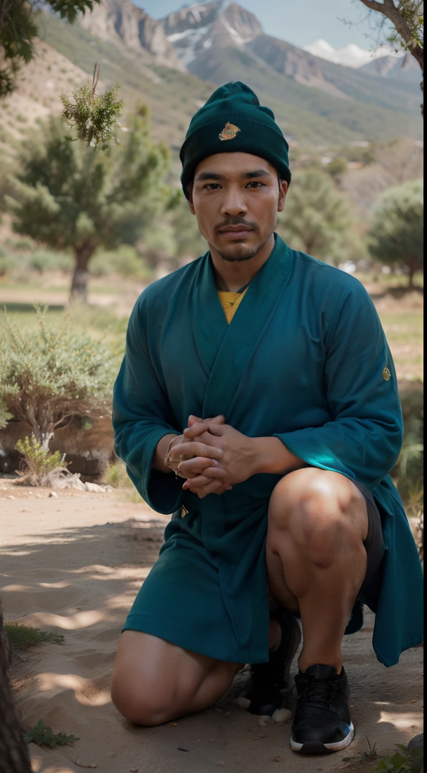 Full length man photo of a typical short-haired bald Tibetan monk on top Clean beard and short hair, labios rosados pucheros, The clothes are a blue and gold robe .He's very sweaty, Posa rezando ((tiene la piel bronceada oscura con toques blancos y azules), ((is on your knees),  tiene ojos azules brillantes, It's in a vegetal setting on a mountain, under a tree, with a medium-sized green bird , naranja y amarillo en la mano