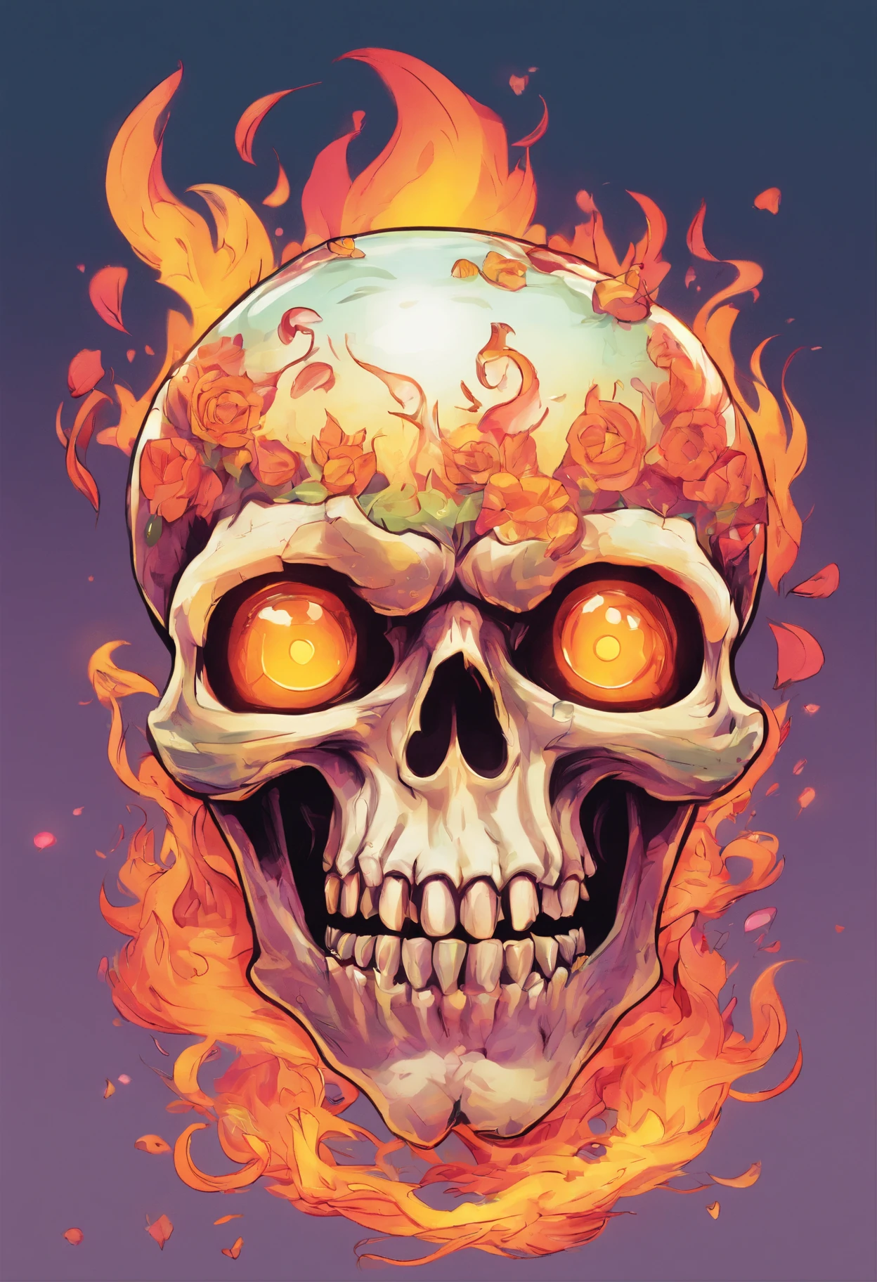 Photographic still of an skull ghost , translucent skin, teeth dripping,, veins showing beneath it's skin, dark, onimous with fire