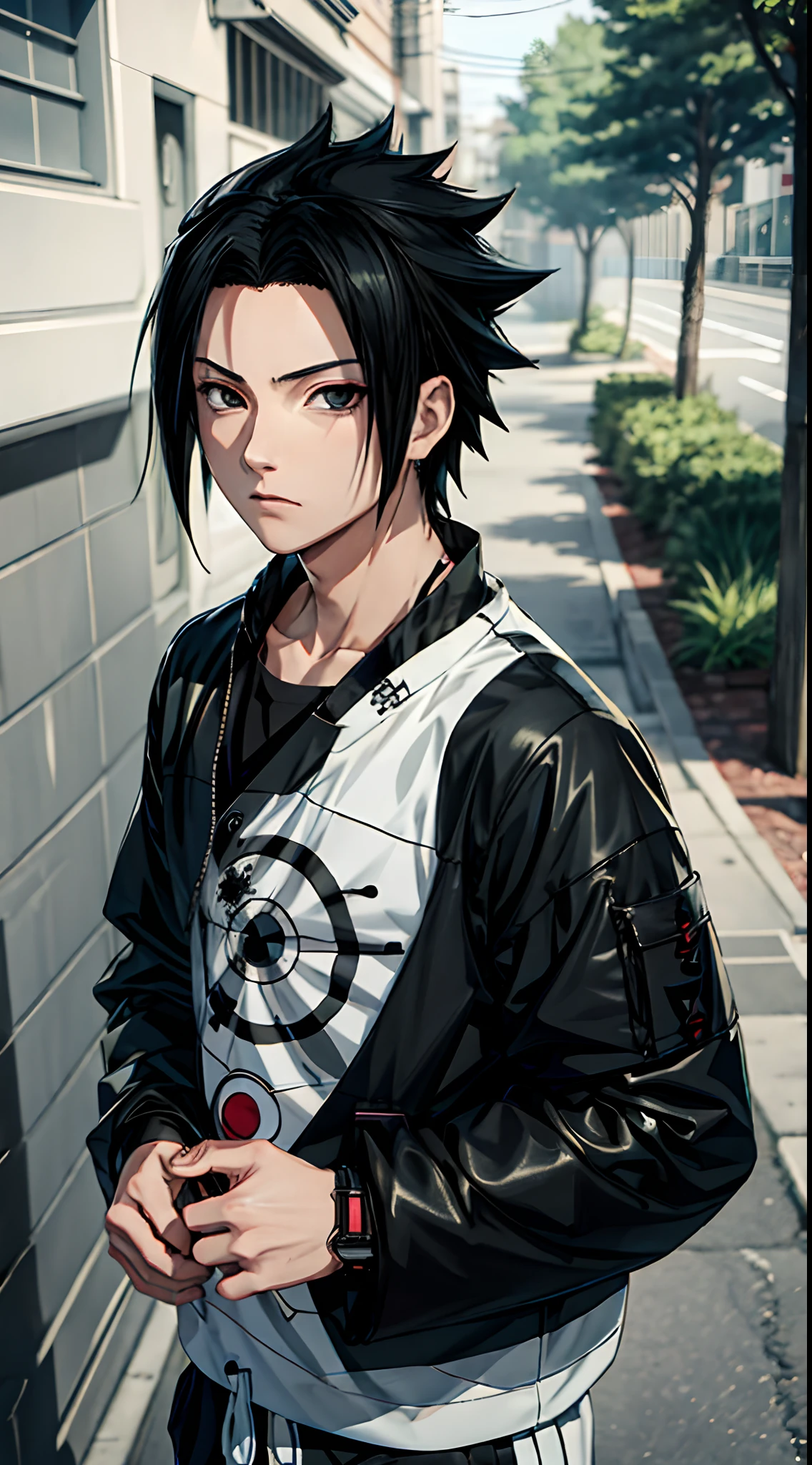 Masterpiece, 1boy, Superb Style, Urban Streetwear chothes, Outdoor, Upper Body, Uchiha Sasuke, bright eyes, black hair, cool boy