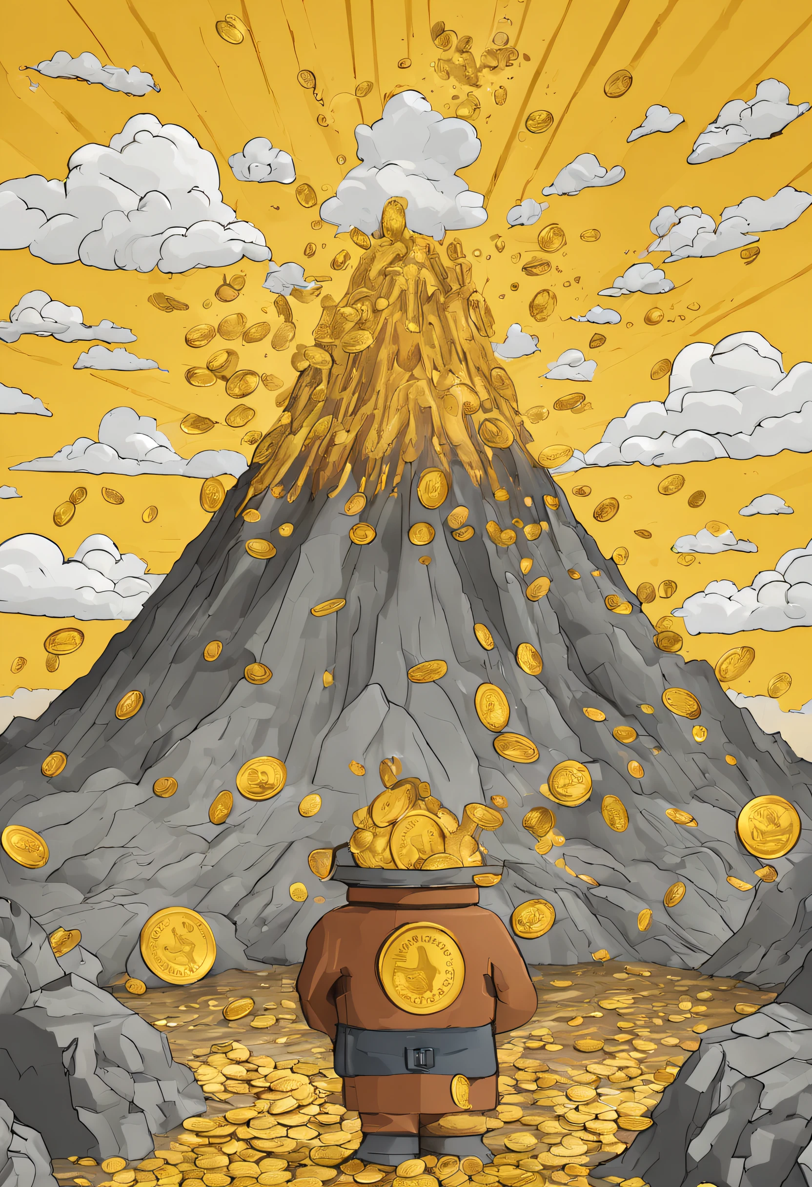 A blind box toy,A volcano that erupts gold coins,A lot of gold coins flew in the sky