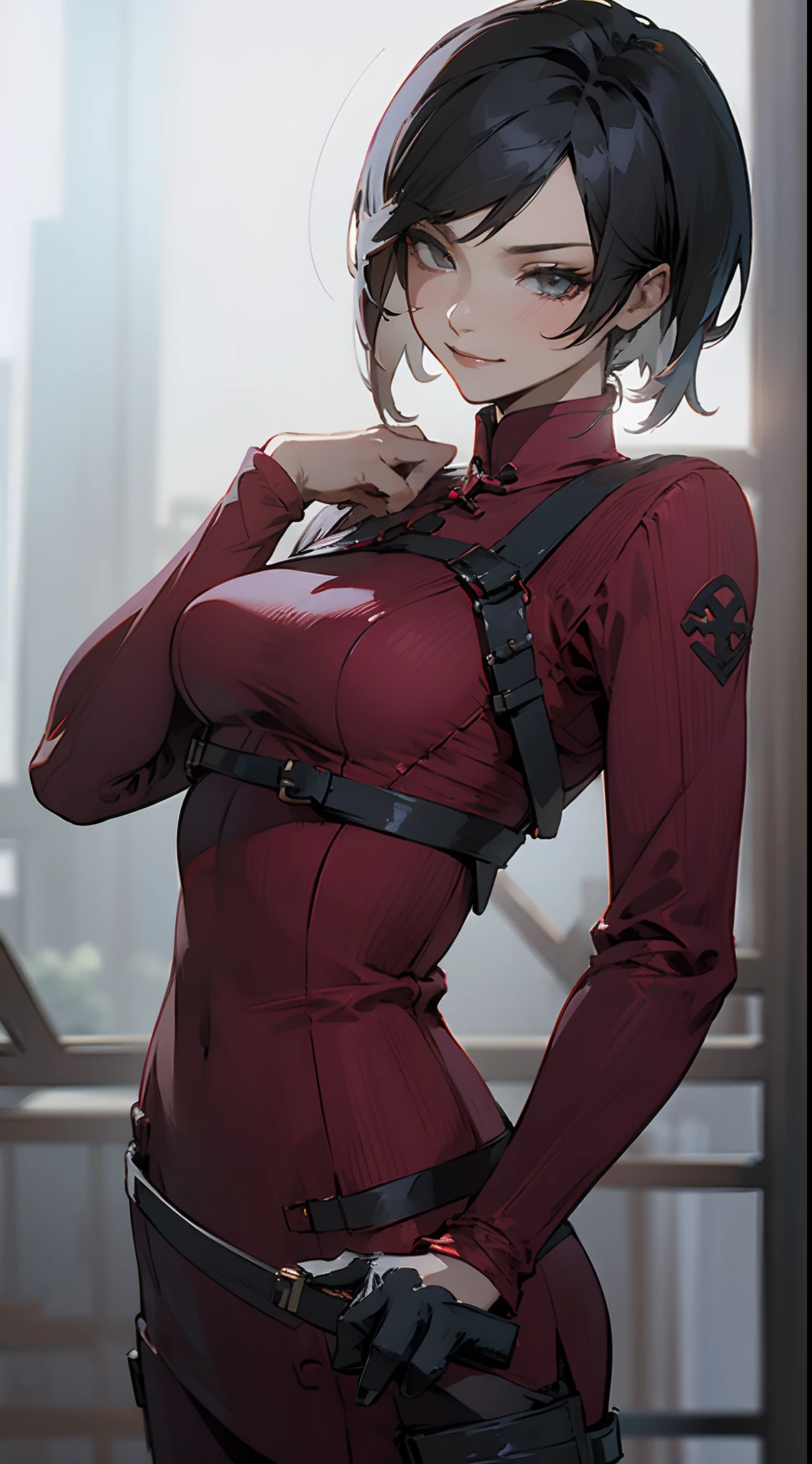 model at middle positions ,1 rapariga, 独奏, Ada Wong in Resident Evil 4 Remake, short detailed hair, brunette color hair, Red cheongsam, Short-sleeved shirt, Nero, nedium breasts, upper limbs, hindquarters, Black heels, Adriana's face, Find your audience, sly smile, A pistol was hung on her waist, best qualtiy, hight resolution:1.2, 18th century village in the background, Shadowing, Nightmare, rays of moonlight, Upper body photography, Low camera angle、depth of fields、center focused