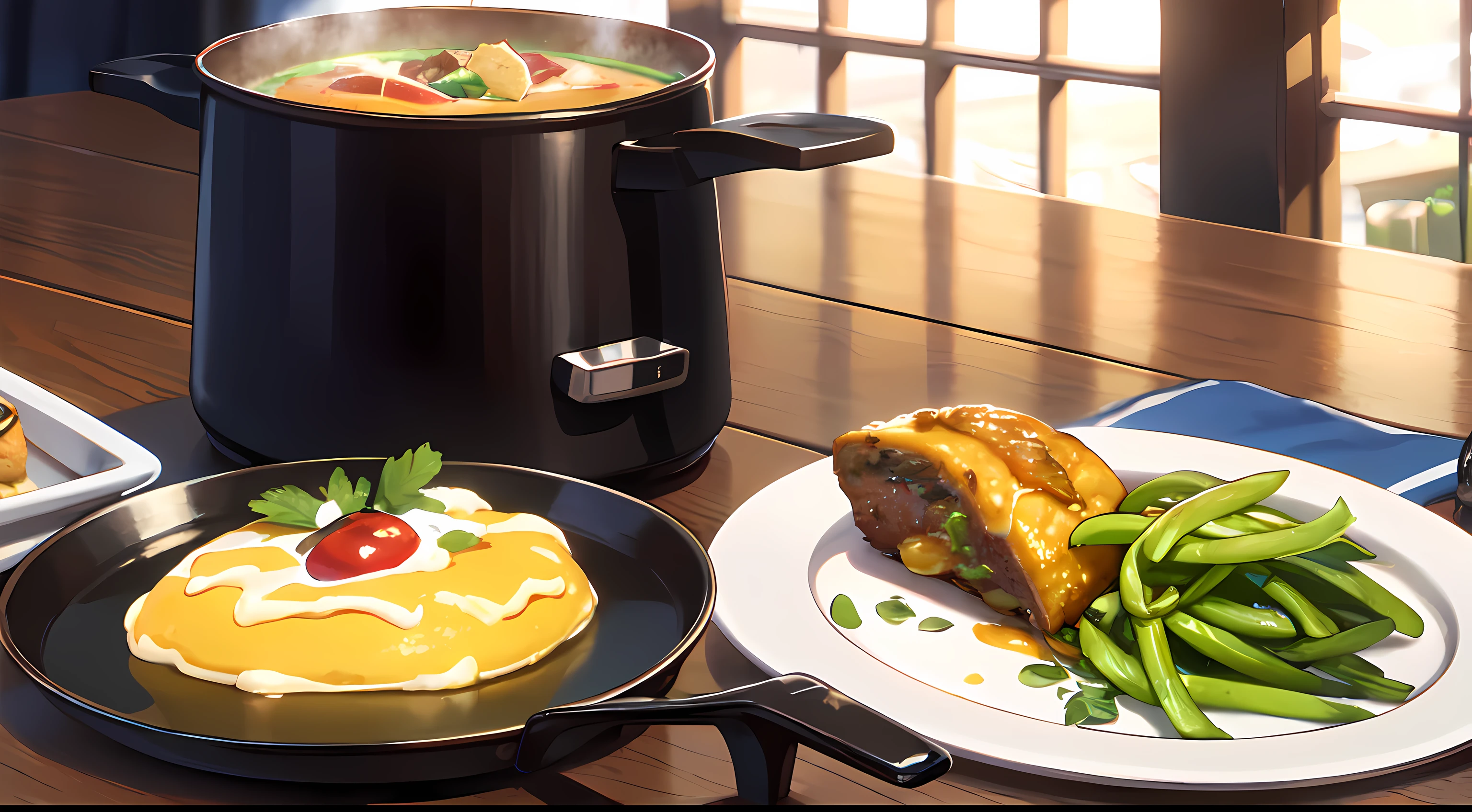 masterpiece, food, warm cook, food on the plate, windows, table, close up food, vegetables food, several food, highres