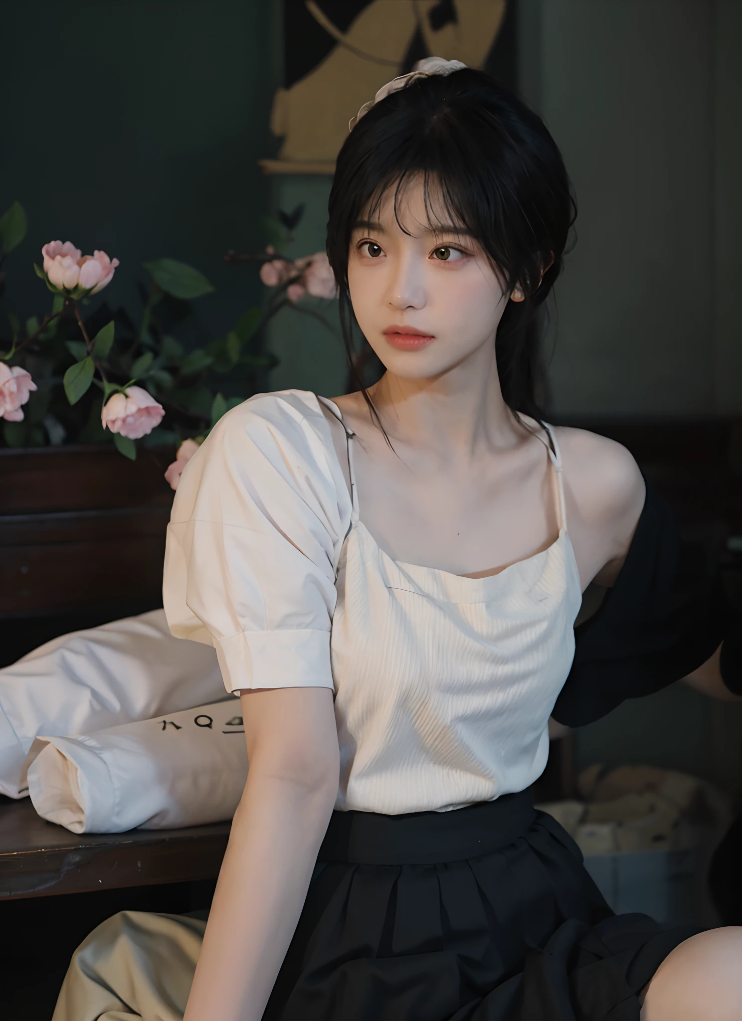best qualtiy， 超高分辨率， （realisticlying：1.4）， one-girl， A pair of clear and moving peach blossom eyes,Royal Sister，Black long straight，Yellow tight skirt， （big cleavage breasts：1.2）， looking at viewert， closeup cleavage ，