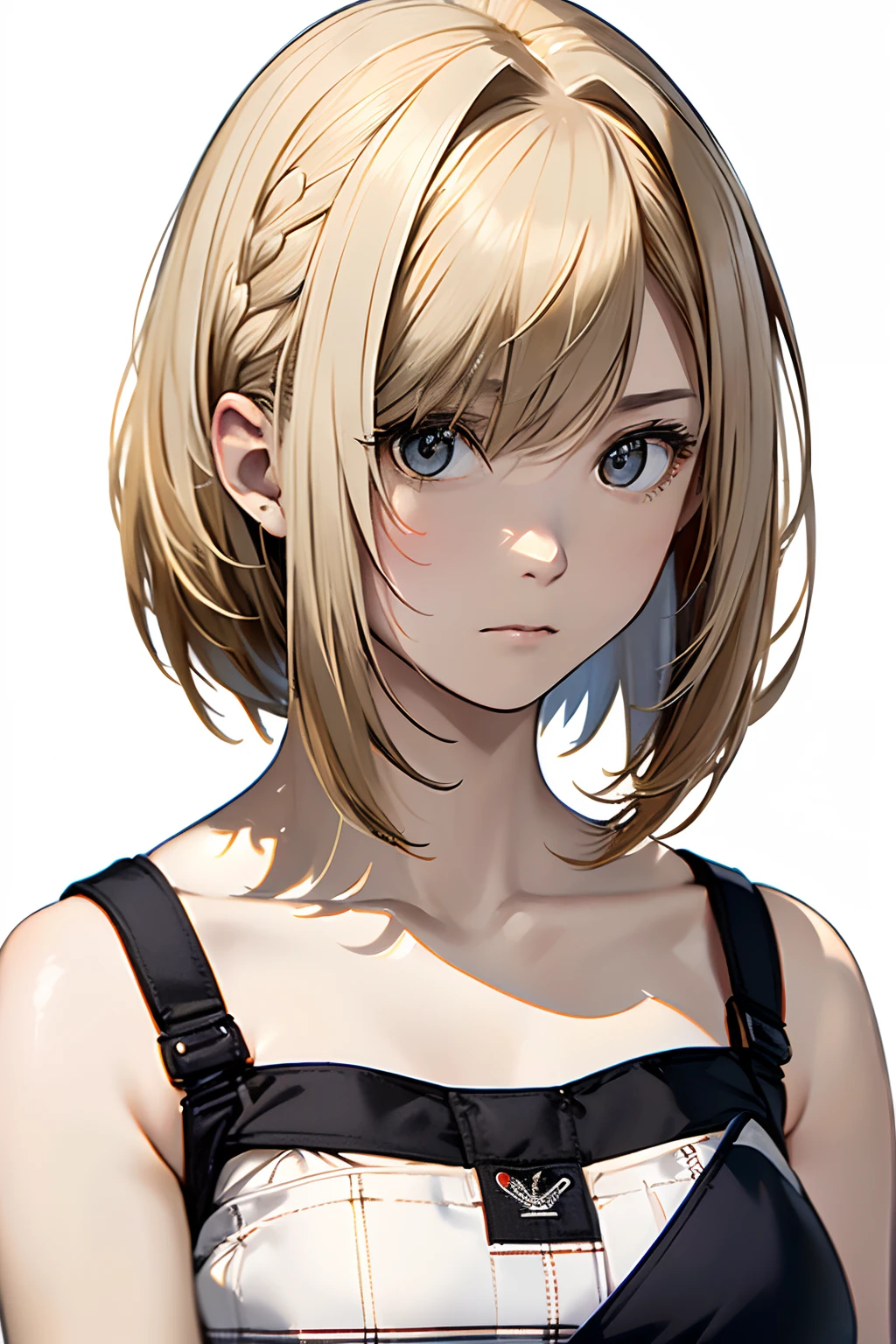 (Best Quality, 8K, Oil Painting, masutepiece:1.2), Ultra-detailed, (Realistic, Photorealistic:1.37), (((FULL BODYSHOT)))、(((Bright blonde hair)))、Vibrant colors、(((White and black tube top bra)))、(((Gingham plaid tube top bra)))、(((20Women of a certain age)))、(((Slightly visible chest)))、 (((a blond)))、(((Shoulder-length bob hair)))、((( White background)))、(((Girly Hairstyles)))、(((bobhair)))、(((In front of a white wall)))、(((Stunned expression)))、(((Nothing on the top of the head)))、(((Bored face)))、(((Missing)))