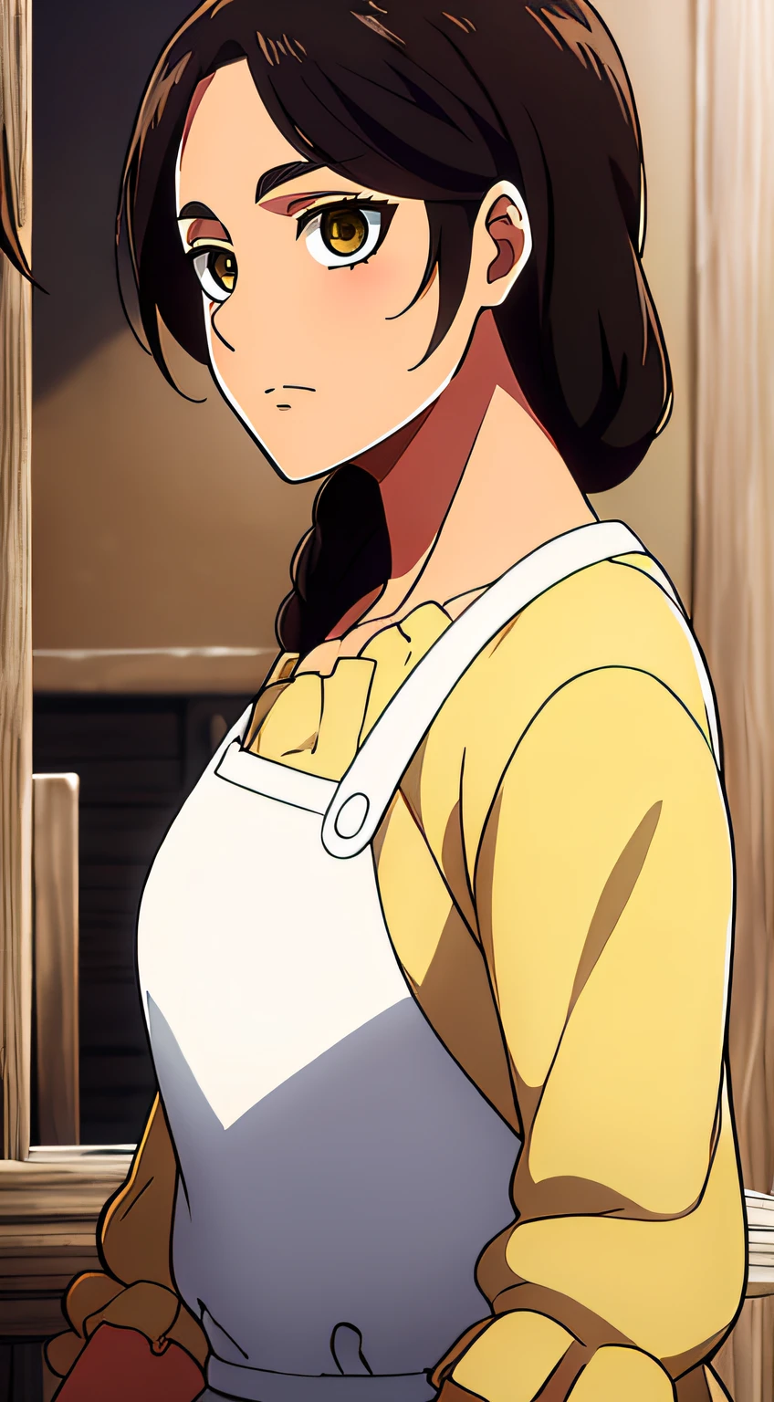Camisa amarilla,escote,, mangas largas,Delantal blanco, cabello negro, brown eyes, flequillo, single braid, 1 girl in, 20yo,Mujer joven,Hermoso dedo,,Hermosa nariz,Beautiful character design, ojos perfectos, Cara perfecta,ojos expresivos, Mirando al espectador,