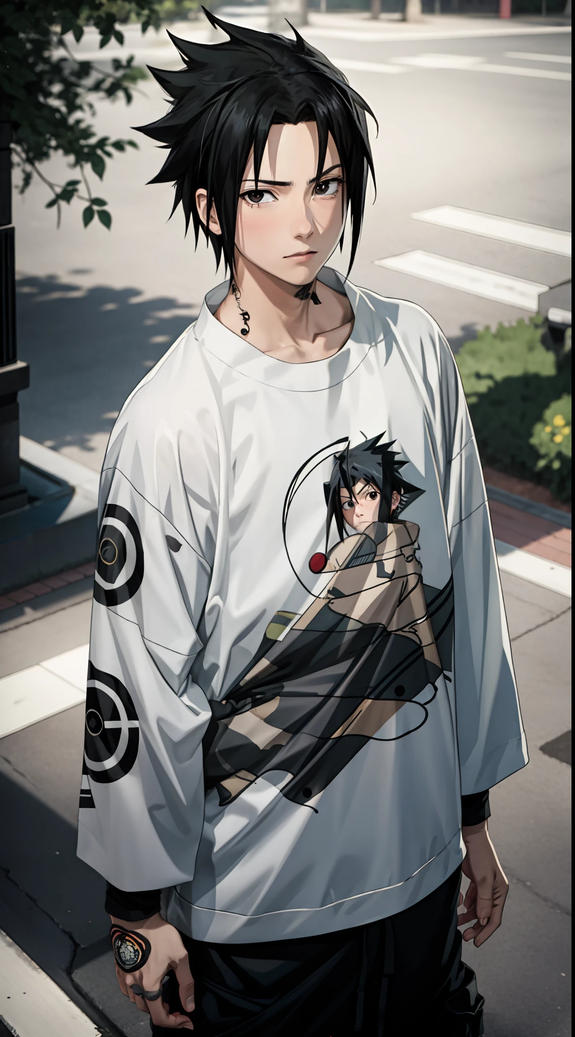 Masterpiece, 1boy, Superb Style, Urban Streetwear chothes, Outdoor, Upper Body, Uchiha Sasuke, bright eyes, black hair, cool boy