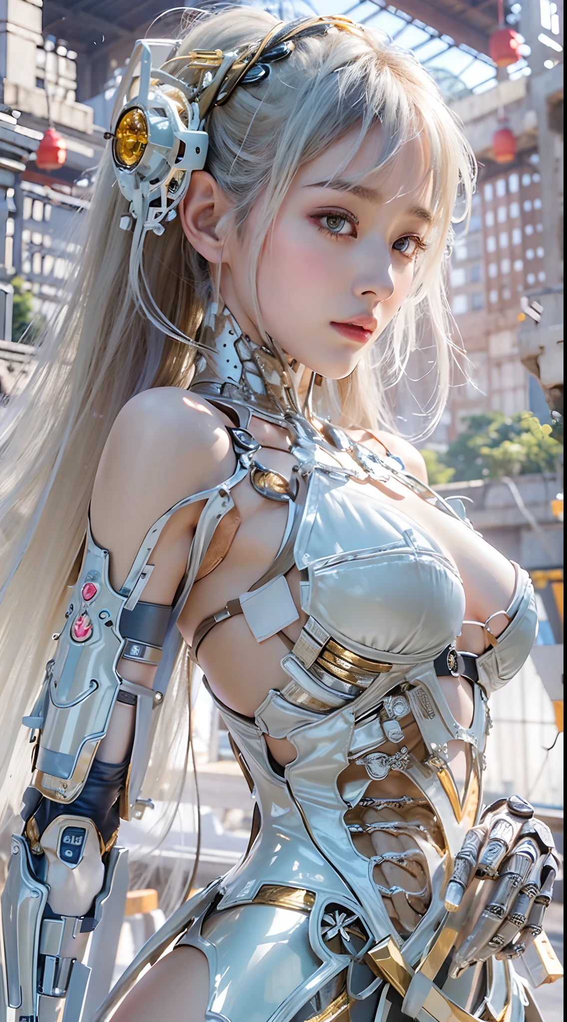 (high resolucion, 4k, Masterpiece:1.2),((Ultra-detailed:1.2)),(realisitic,Realistis:1.37),Girl robot married in Japan,Bridal dress,mechanical limb,Mechanical trunk,Made of shiny white and silver translucent glass and plastic, Delicate lace dresses, Joyful expressions, , vibrant colours, cherry blossom background, Bright sunlight, highly intricate details, Female elves, Beautiful waist, navels, big size ass, Exposed metal skeleton, 1 Cyborg Girl, Detailed hydraulic cylinders from Sumer, Raw skin is exposed to the valley、large full breasts, (random pose、dynamicposes,:1.2)