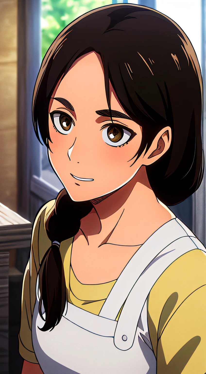 Camisa amarilla,escote,, mangas largas,Delantal blanco, cabello negro, brown eyes, flequillo, single braid, 1 girl in, 20yo,Mujer joven,Hermoso dedo,,Hermosa nariz,Beautiful character design, ojos perfectos, Cara perfecta,ojos expresivos, Mirando al espectador,