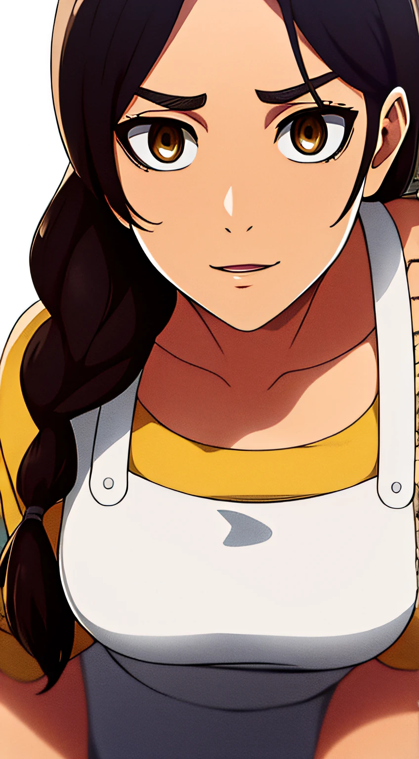 Camisa amarilla,escote,, mangas largas,Delantal blanco, cabello negro, brown eyes, flequillo, single braid, 1 girl in, 20yo,Mujer joven,Hermoso dedo,,Hermosa nariz,Beautiful character design, ojos perfectos, Cara perfecta,ojos expresivos, Mirando al espectador, escote, breasts