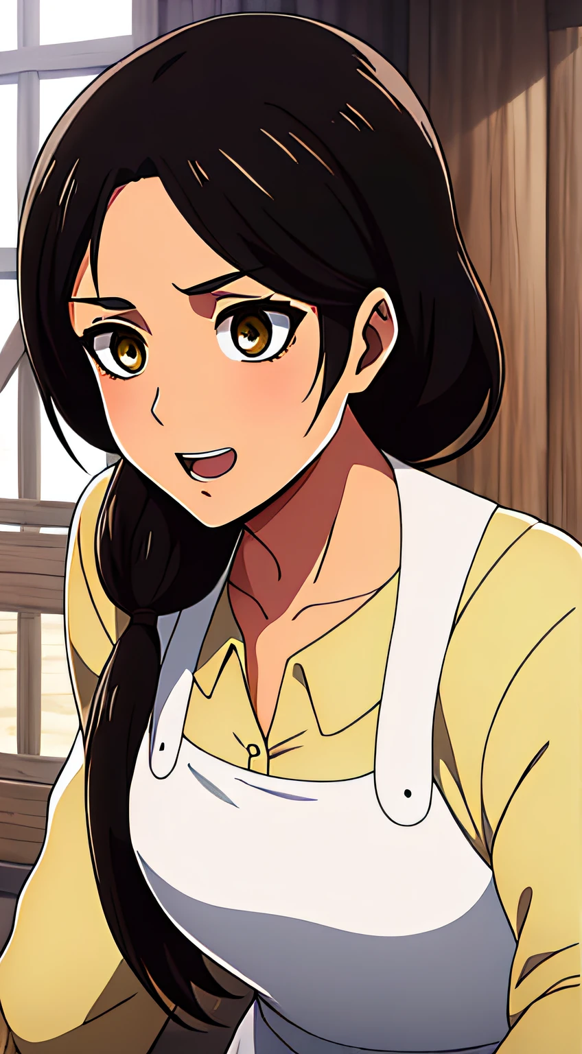 Camisa amarilla,escote,, mangas largas,Delantal blanco, cabello negro, brown eyes, flequillo, single braid, 1 girl in, 20yo,Mujer joven,Hermoso dedo,,Hermosa nariz,Beautiful character design, ojos perfectos, Cara perfecta,ojos expresivos, Mirando al espectador, escote, breasts