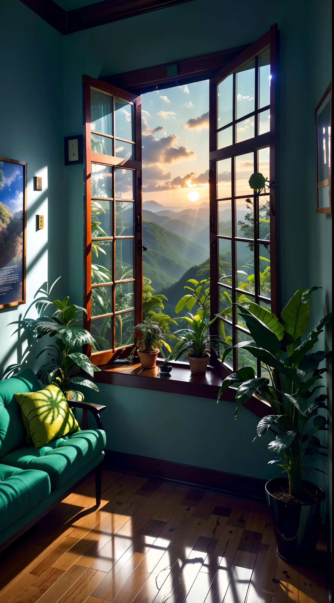 Sala de estar com vista para uma montanha e uma floresta, mountainous jungle setting, jungle setting, Como uma cena de Blade Runner, magical ambiance, pintura escura ultrarrealista, em um ambiente de selva, pleasant environment, floresta nublada, Selva bonita, ambiente mal-humorado, Selva exuberante, Inside an alien jungle, Plantas e selva, montanhas da floresta tropical, ambiente relaxante