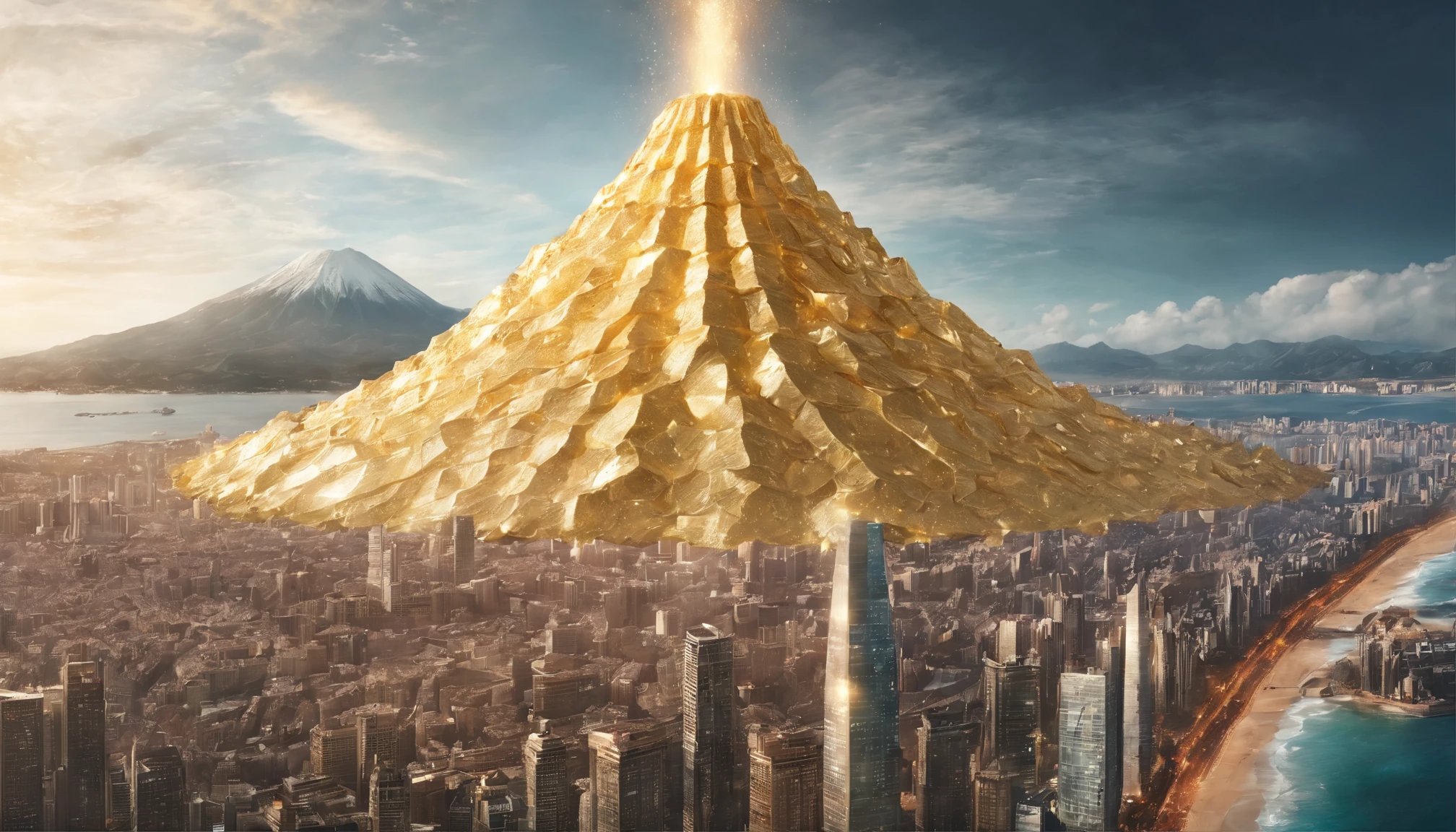 in a panoramic view,photorealestic,Land of the Apocalypse,a volcano erupts,The erupting Golden Jewel Volcano,The volcano lifts countless colorful gems and vast amounts of gold into the sky,Turn the sky into a gorgeous jewelry gold display,Above ground is the luxurious Binhai Gold Science and Technology City,A rain of golden gems fell from the sky,Fall into the city,dans la mer,Let the sea become pearlescent,Perfectcomposition,