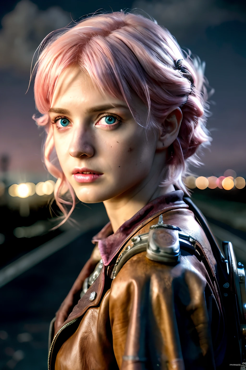 masterpiece, ultra detailed, 8K, Raw photo, Realistic light, Cinematic composition, skyscape with clouds,  full colours nightfall, depth of field, 35 mm, postapocalyptic aura, steampunk aesthetic, 18 years old cute woman, on the ruined street, (torn dirty steampunk clothing), cute sexy, depth of field, (Focus: 1.2), dark atmosphere, in dinamic movement, cinematic lighting, detailed face and skin texture, fine eyes, pink hair colour, action movie style, vivid colours