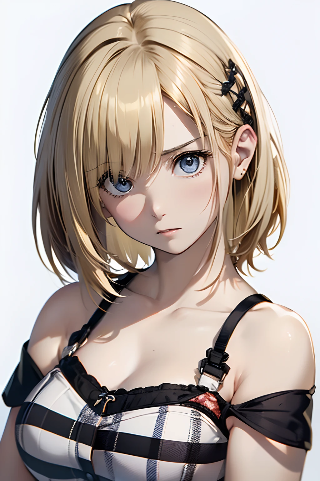(Best Quality, 8K, Oil Painting, masutepiece:1.2), Ultra-detailed, (Realistic, Photorealistic:1.37), (((FULL BODYSHOT)))、(((Bright blonde hair)))、Vibrant colors、(((White and black tube top bra)))、(((Gingham plaid tube top bra)))、(((20Women of a certain age)))、(((Slightly visible chest)))、 (((a blond)))、(((Shoulder-length bob hair)))、((( White background)))、(((Girly Hairstyles)))、(((bobhair)))、(((In front of a white wall)))、(((Stunned expression)))、(((Nothing on the top of the head)))、(((Bored face)))、(((Missing)))