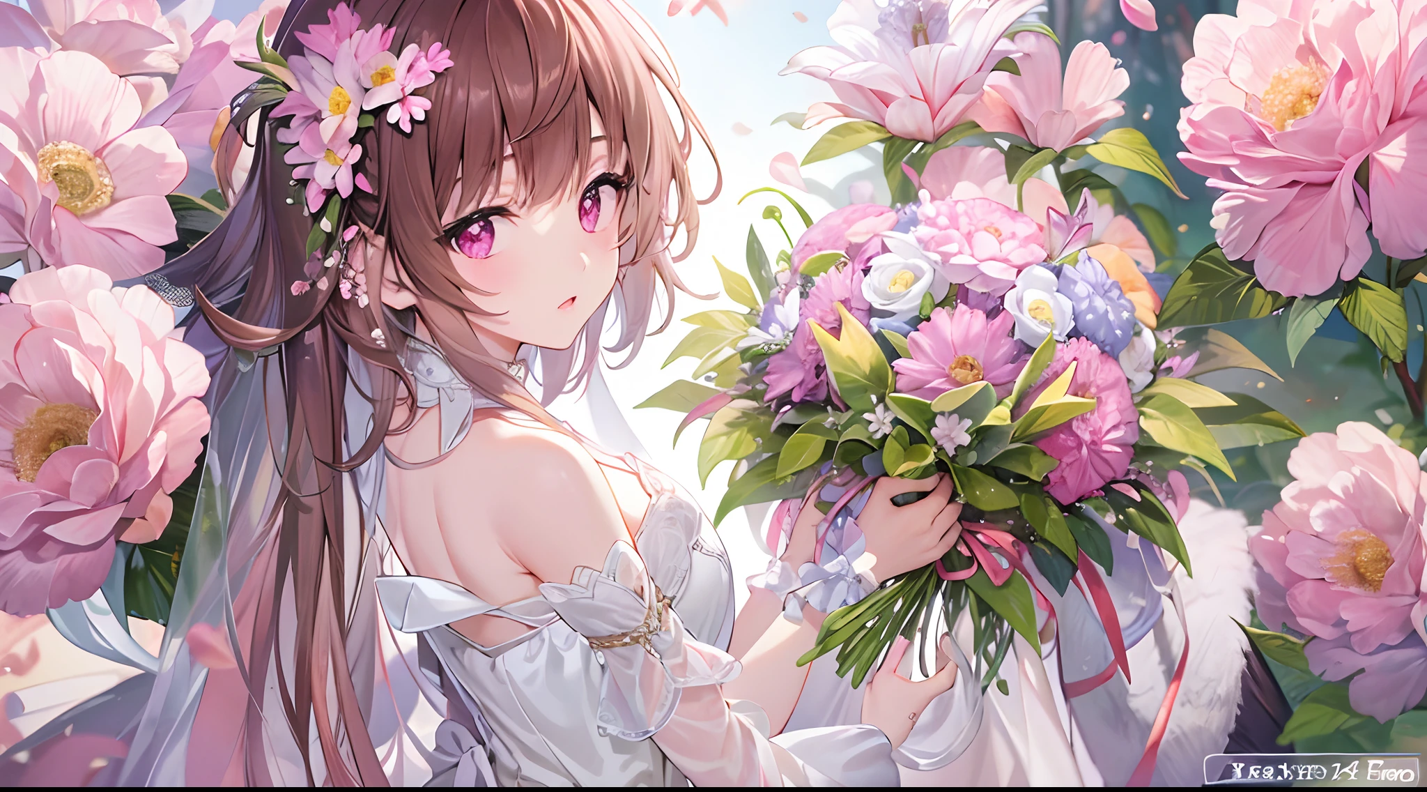 Quality work, Top image quality, high resolution, Ultra-high resolution, depth of fields, Short hair, Brown hair, Pink eyes, (Hairpin), Wedding dress, flower, chies, sadness