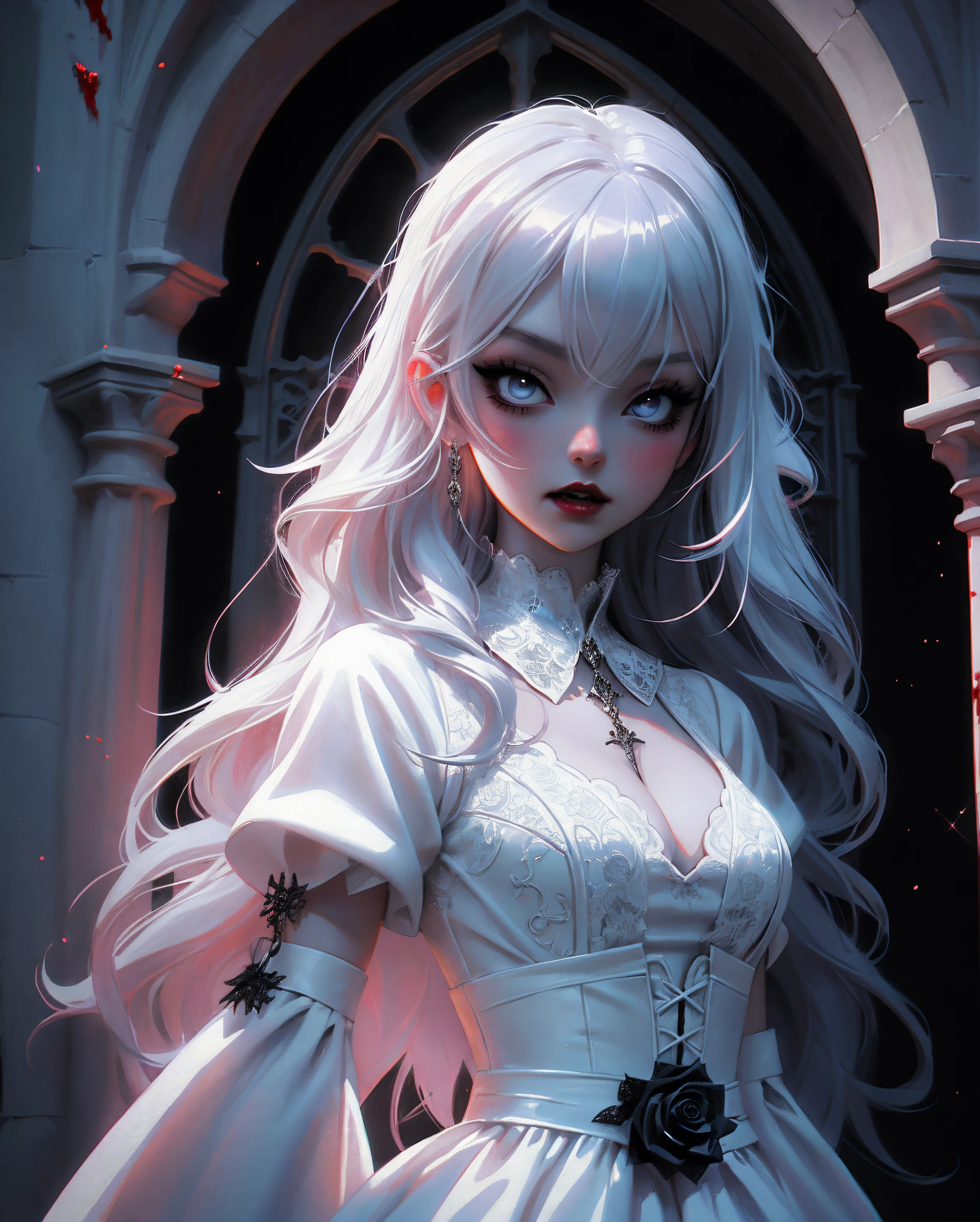 anime Vampire Princess, long white hair, gothic style, roses in hair, dark black eyelashes, white glow irises, light blue dress, digital illustration, comic style, gothic renaissance, perfect anatomy, centered, approaching perfection, dynamic, highly detailed, gothic castle detailed background, blood,  artstation, concept art, smooth, sharp focus, illustration, art by wlop and ross tran ,glitter