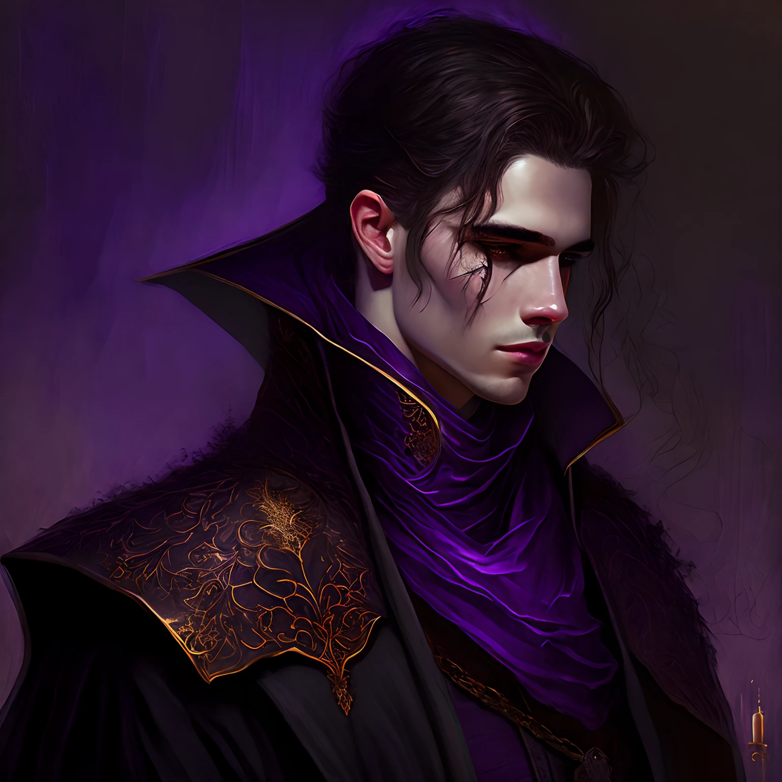 crie um Homem de pele bronzeada com cabelos pretos, Wearing black and dark purple clothes is apparently 25 years old, No estilo de arte Bowater, Retrato colorido, Retrato colorido detalhado, Pintura digital, assemelhando-se a um coreano, evil magic, witcher, ritual, darkness