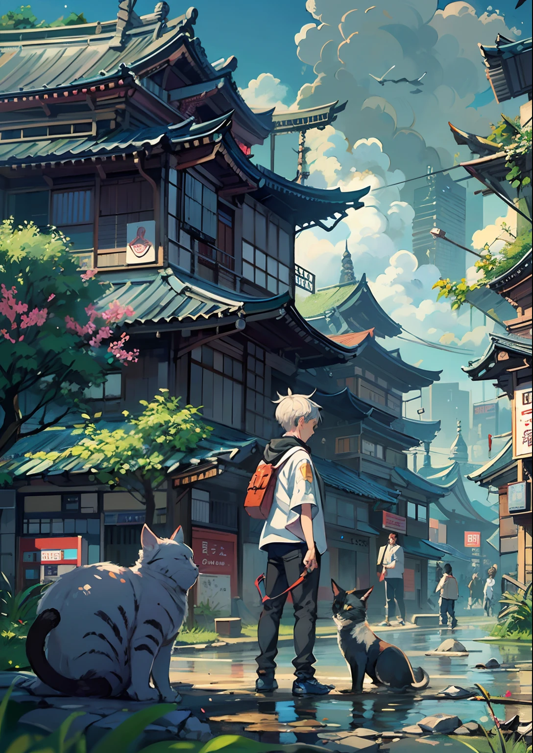 1boy,Man's ,Cyberpunk Boy、katanas,machine gun、Cat's ears、silber hair、poneyTail、The beginning of the adventure、during daytime、Into the cloud、ruined and devastated city、Complex Japan buildings、temple,railroad crossing、Bus stop、Trees、Warm lighting、puddles、Good old Japan landscape、Beautiful and fantastic summer landscape、Cinematic scenery、hightquality、masutepiece,8K、hight resolution、ultra-detailliert,